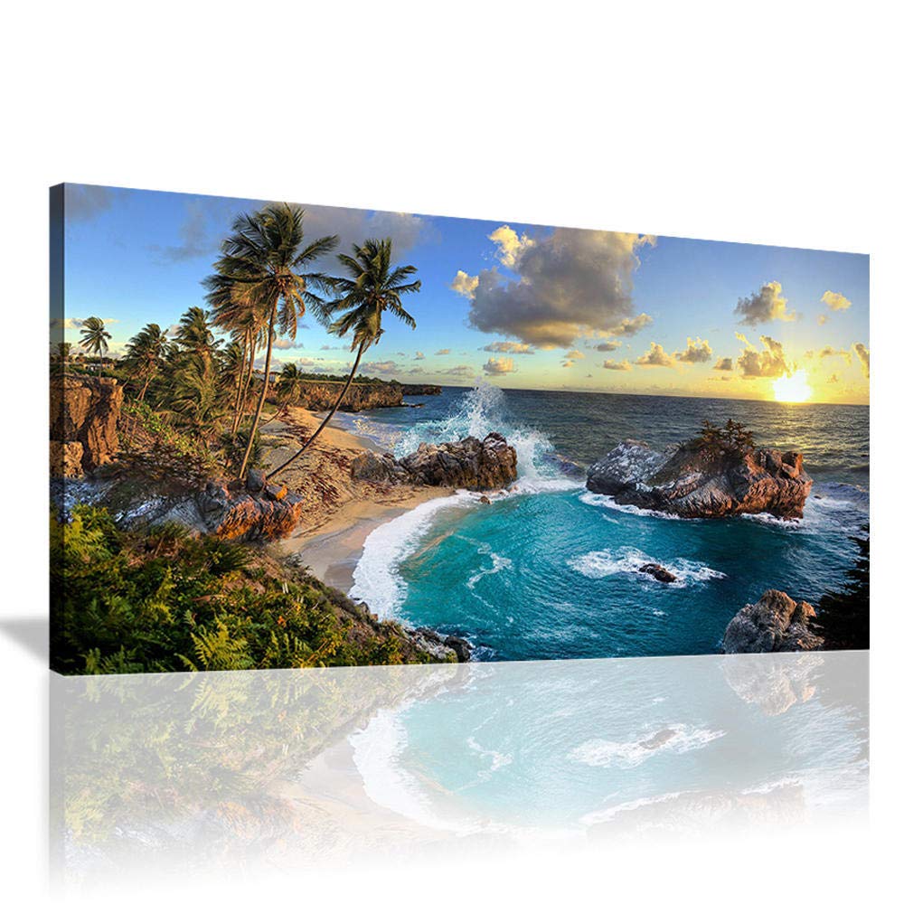 Blue Beach Wall Art Canvas for Living Room & Bedroom Decor - Ready to Hang Wrapped Masterpiece for Coastal Style Home Interiors