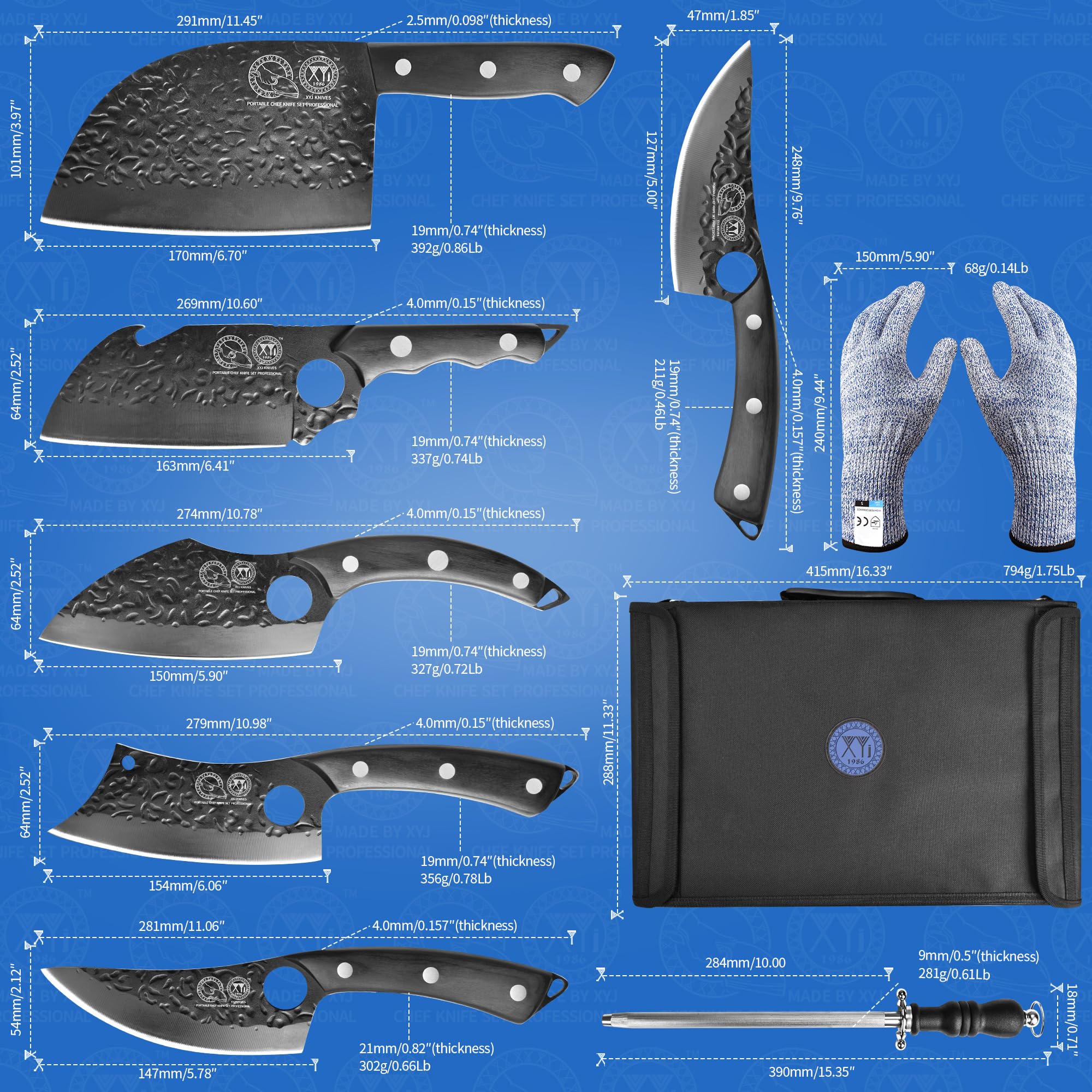 XYJ Authentic Since 1986 - Professional 6-Piece Camping Knife Set with Leather Sheath & Roll Bag - Chef, Butcher, Boning, Vegetable & Slicing Knives - Perfect for Outdoor Camping, Hunting & Kitchen Use (Black)