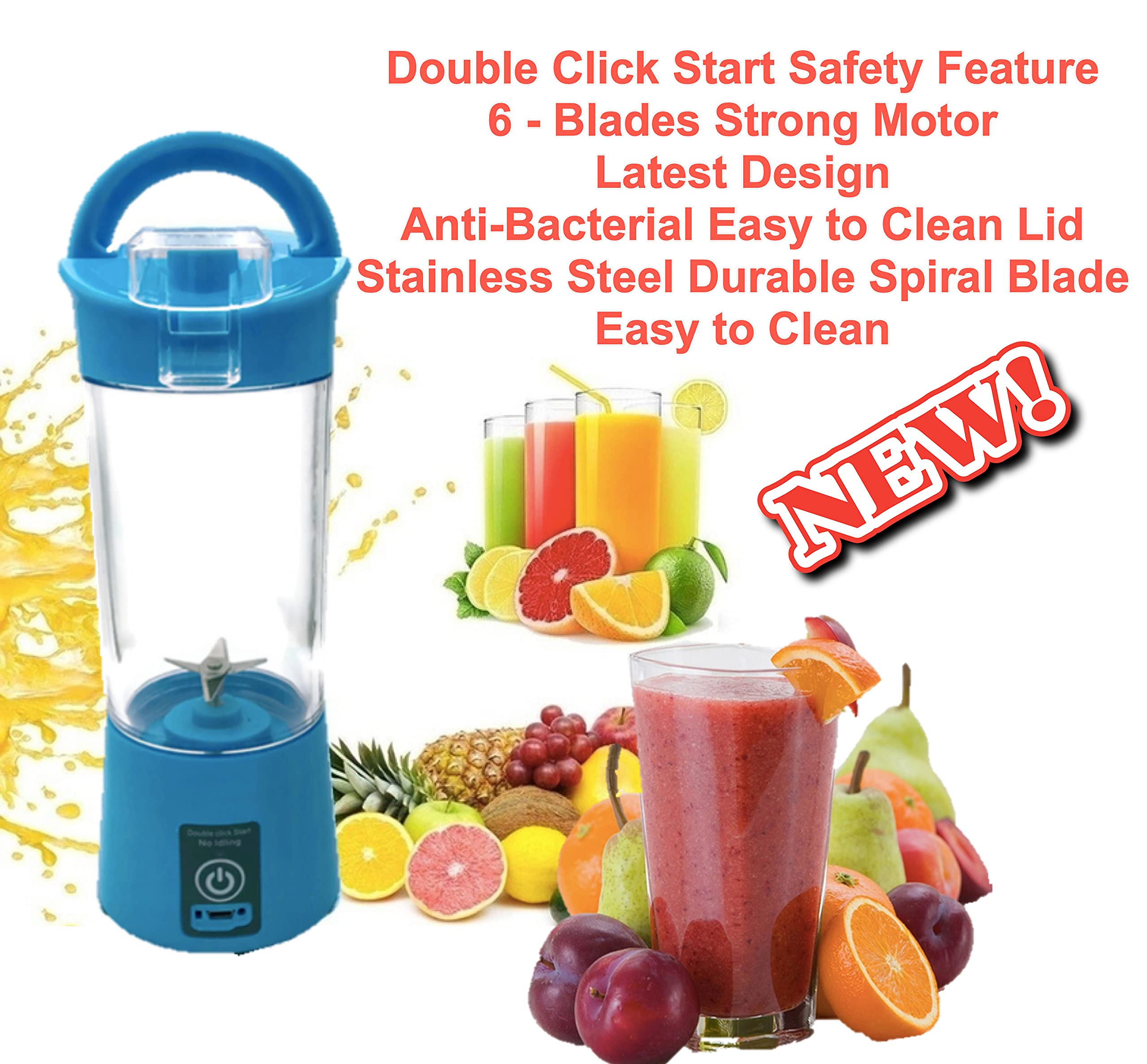 Portable Personal Blender with 6 Blades - 300W Powerful Rechargeable Smoothie Maker for Shakes, Margaritas & Baby Food - Compact Travel Blender for Home, Office, Gym & Outdoor Use (Blue) - Perfect Holiday Gift 2021