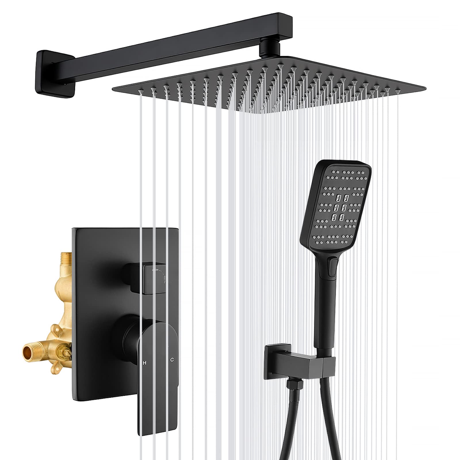 Matte Black Shower Faucet Set with 10 Inch Rainfall Shower Head - Stainless Steel Pressure Balance Valve Trim Kit - Bathroom Shower System for Modern Home & Spa Experience (Model 6012B)