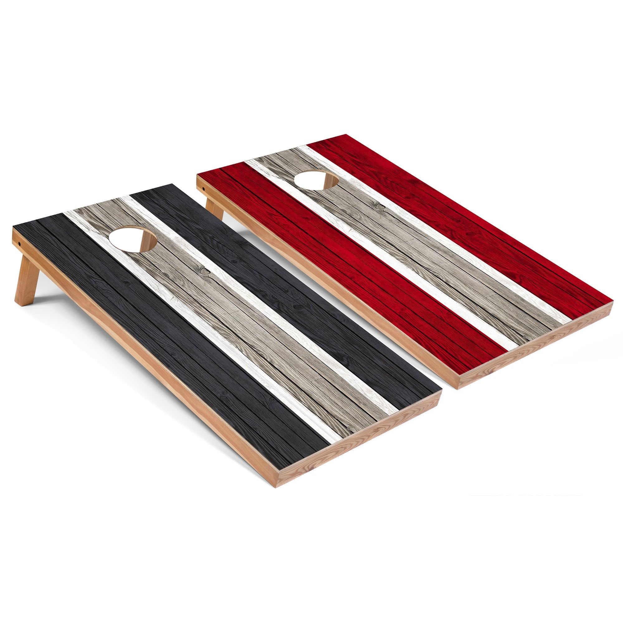 Regulation Size Dark Grey & Red Striped Cornhole Game Set - Solid Wood or All-Weather Portable Bean Bag Toss for Backyard, Tailgating & Outdoor Parties