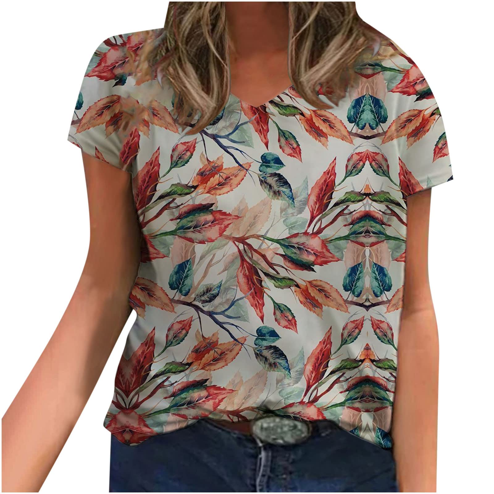 Plus Size Women's Summer Short Sleeve V-Neck T-Shirts - Casual Loose Feather Graphic Blouses for Beach, Vacation & Everyday Wear | Cute Novelty Tops
