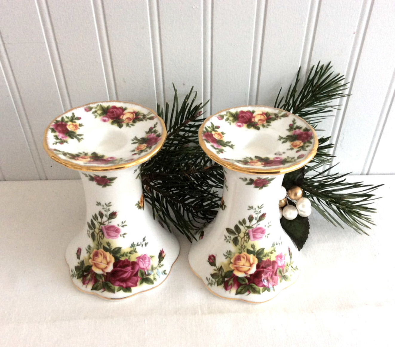 Vintage Royal Albert Old Country Roses Bone China Candle Holders - Set of 2 (1990s Collection) | Elegant Table Decor for Weddings, Tea Parties & Home Dining