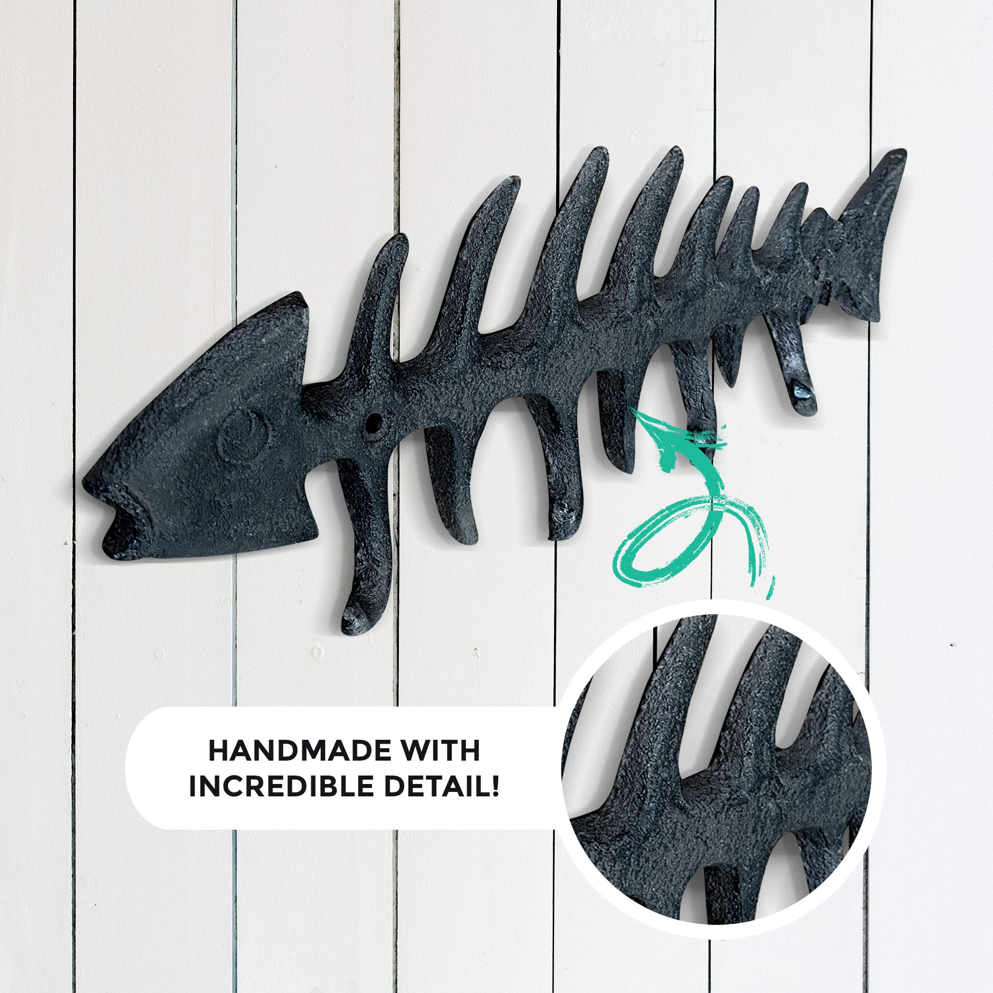 WallCharmers Large Fish Bone Key Holder, Leash Hook & Towel Rack - Rustic Nautical Wall Decor for Bathroom, Kitchen or Beach House (Perfect for Hanging Keys, Dog Leashes & Bath Towels)
