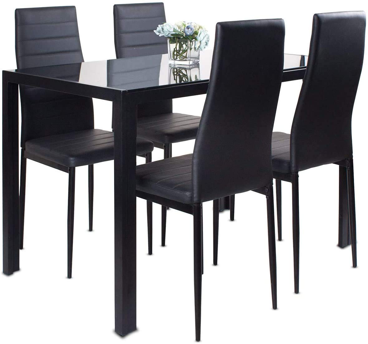 Goujxcy 5-Piece Modern Dining Table Set for 4 - Tempered Glass Top Table with 4 Faux Leather Chairs - Space-Saving Kitchen & Dining Room Furniture for Small Homes | Perfect for Apartments, Breakfast Nooks & Compact Dining Areas