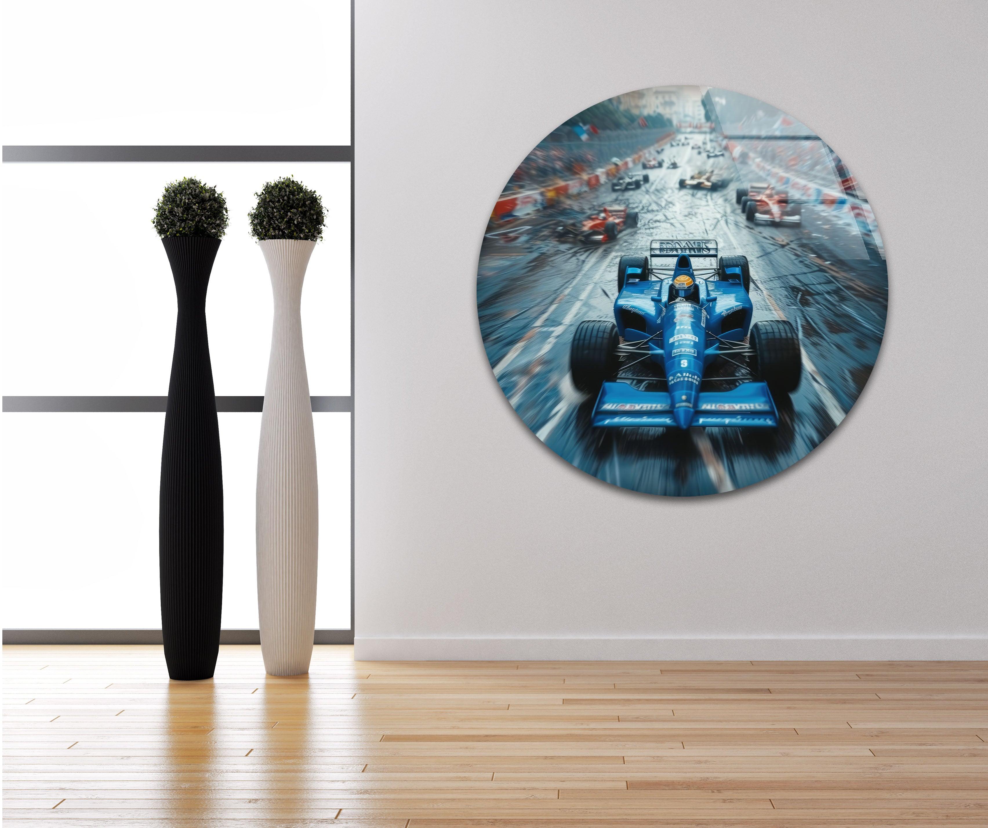 Blue Formula 1 Racing Car Glass Wall Art - Premium Decorative Home & Office Decor for Motorsport Fans
