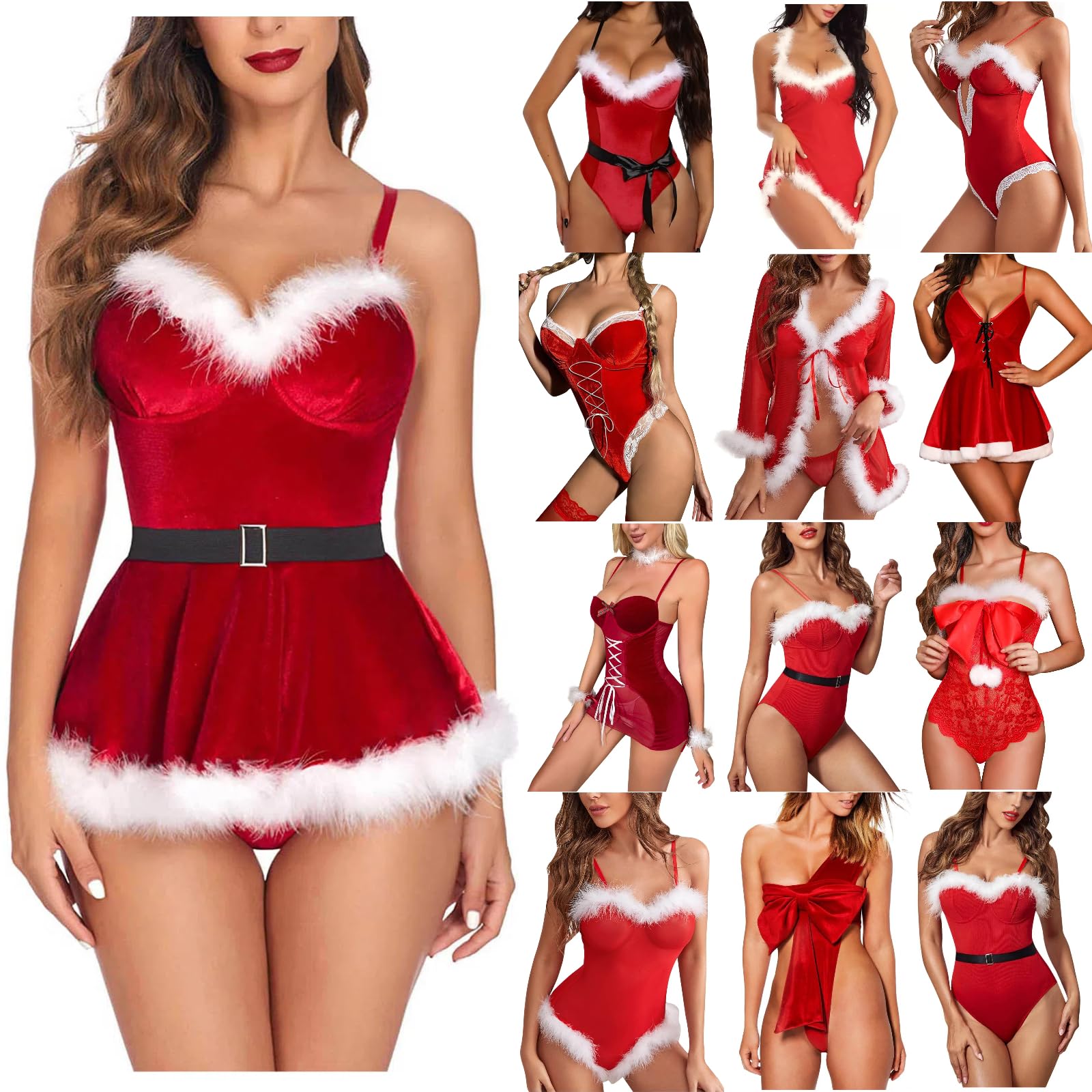 Sexy Christmas Lingerie for Women - Plus Size Babydoll Lingerie Dress Set with Crotchless Design | Holiday Party Outfit, Romantic Gift, Boudoir Photo Shoot