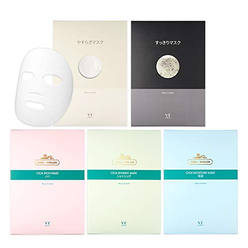 VT COSMETICS Japan 5 Types Sheet Mask Set (6 Pieces) - CICA Moisturizing Mask, CICA Brightening Mask, CICA Firming Mask, Soothing Mask & Purifying Mask | Korean Skincare for Dry, Dull Skin - Perfect for Daily Hydration & Spa Night Self-Care