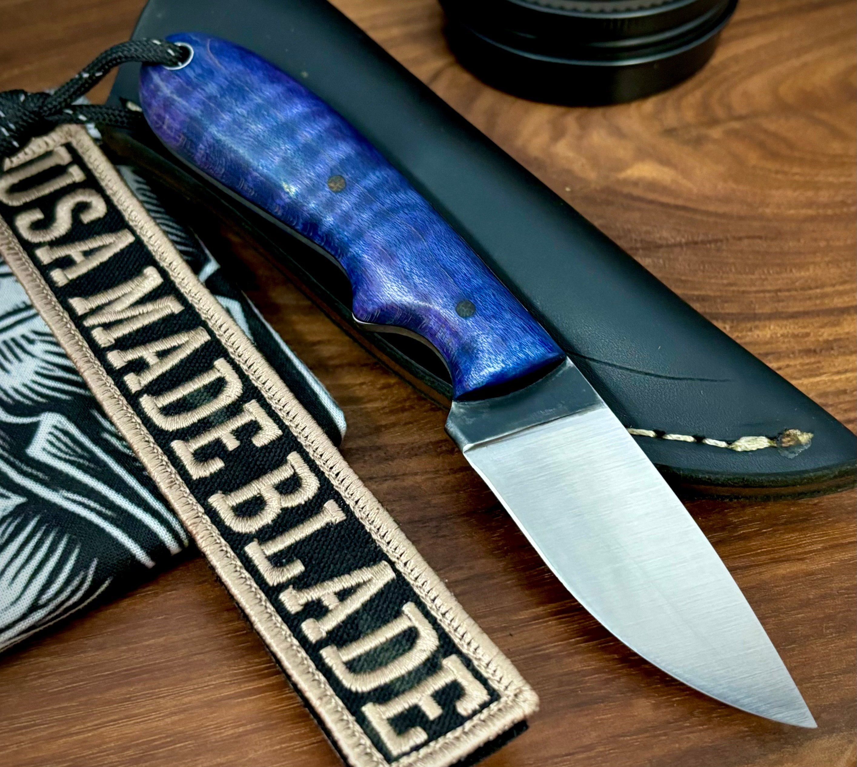 T.M. Hunt Custom Hedgehog Knife with Blue Curly Maple Handle - O1 Tool Steel Blade - Hunting, Camping & Outdoor Survival Gear