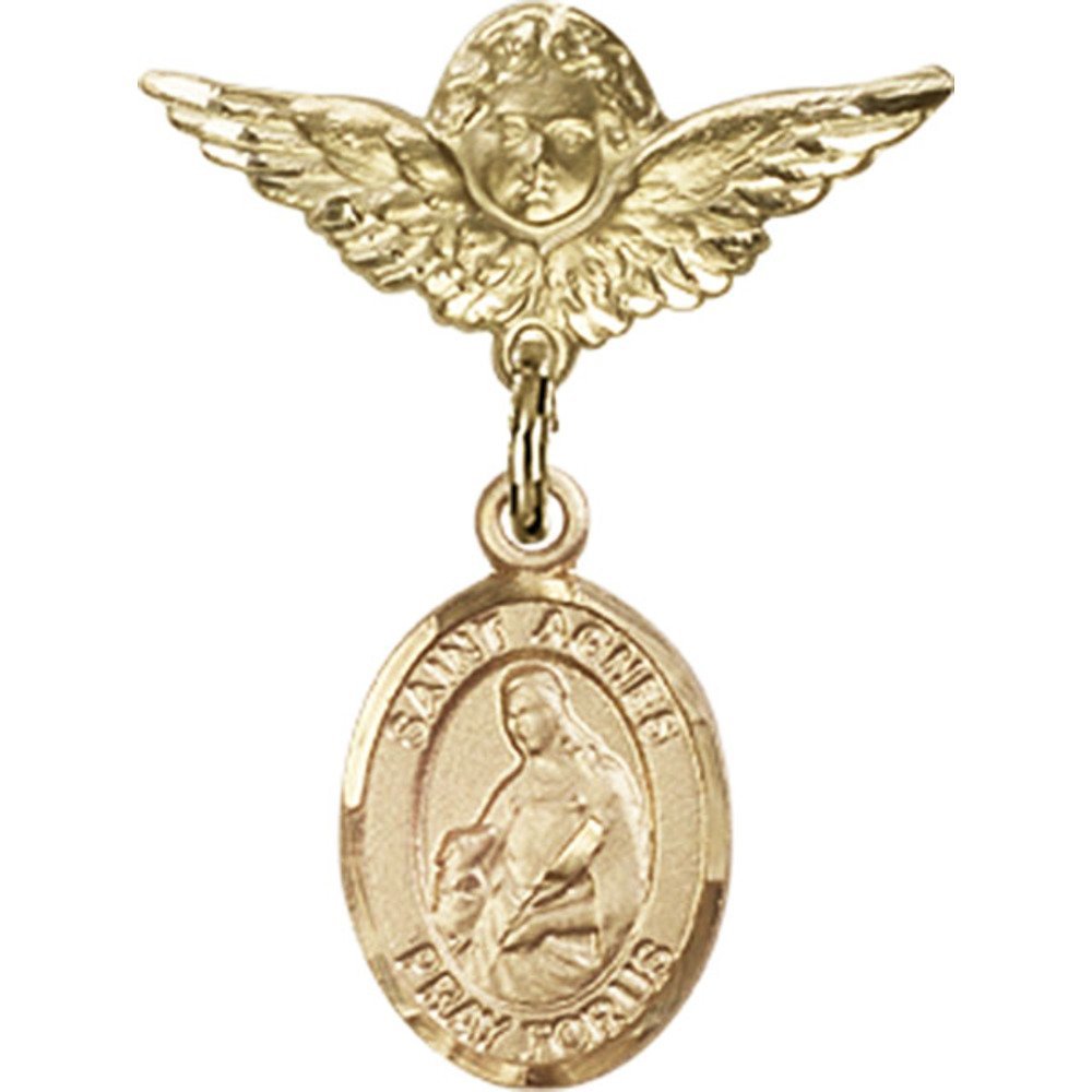 St. Agnes of Rome Gold Filled Baby Badge Pin with Angel Wing Charm - 1