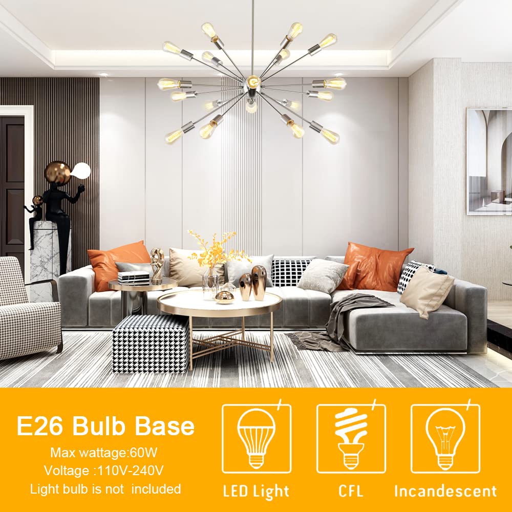 BONLICHT 18-Light Sputnik Chandelier - Modern Brushed Nickel Ceiling Pendant Light Fixture, Mid Century Industrial Flush Mount Lighting for Living Room, Dining Room, Bedroom, Entryway, and Office Spaces