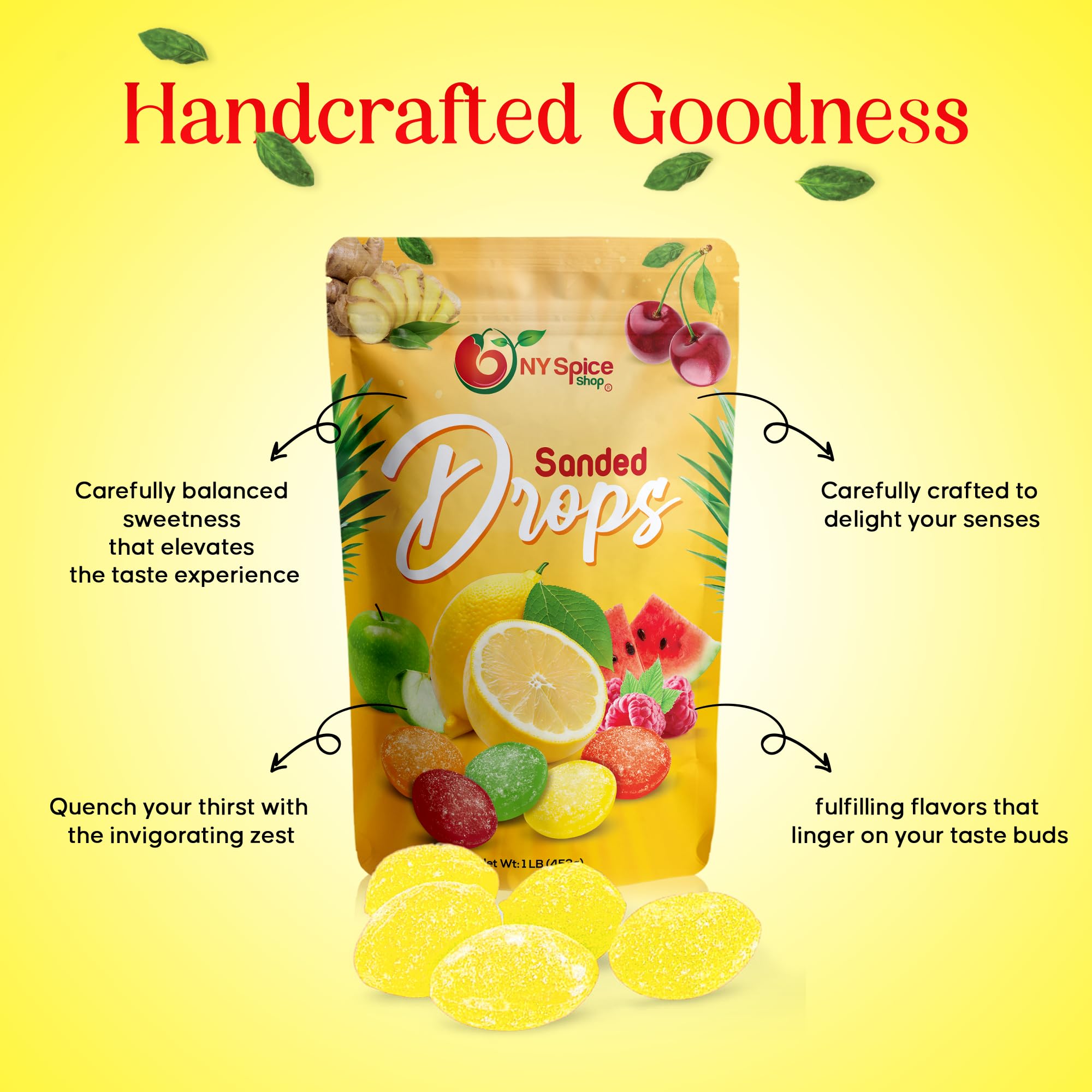 NY Spice Shop Sanded Lemon Drops - 1 Pound Bulk Old Fashioned Hard Candy | Tangy & Sweet Lemon Flavored Treats | Perfect for Party Favors, Office Snacks & Gift Baskets