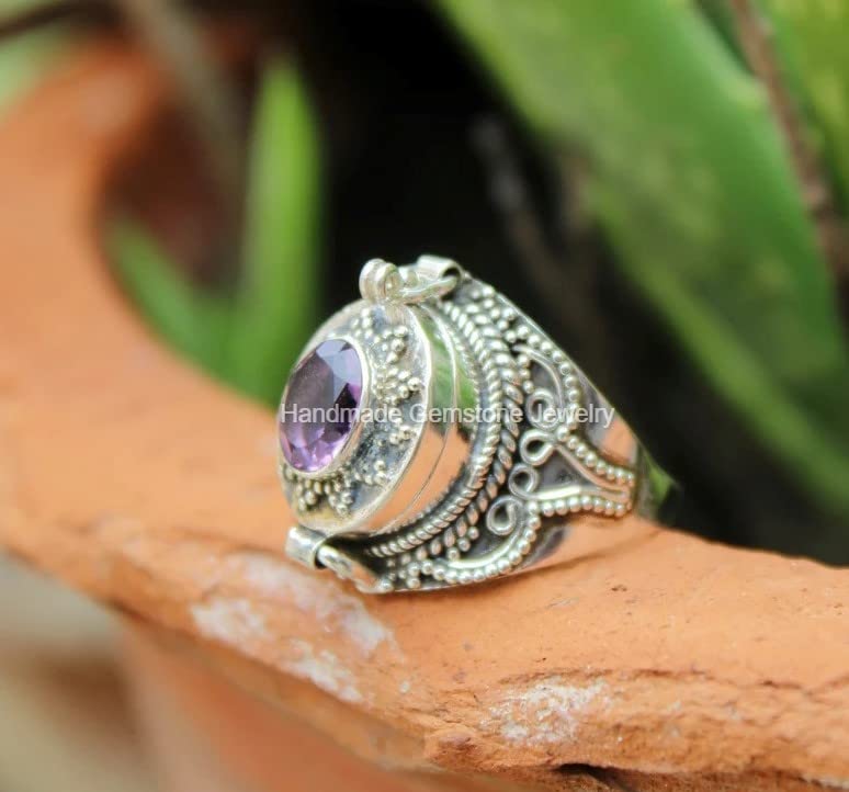 Faceted Amethyst Poison Box Ring - Silver Plated Vintage Locket Ring with Openable Compartment | Boho Bridesmaid Gift, Natural Amethyst Jewelry for Witchy Aesthetic, Gothic Fashion & Unique Statement Accessories