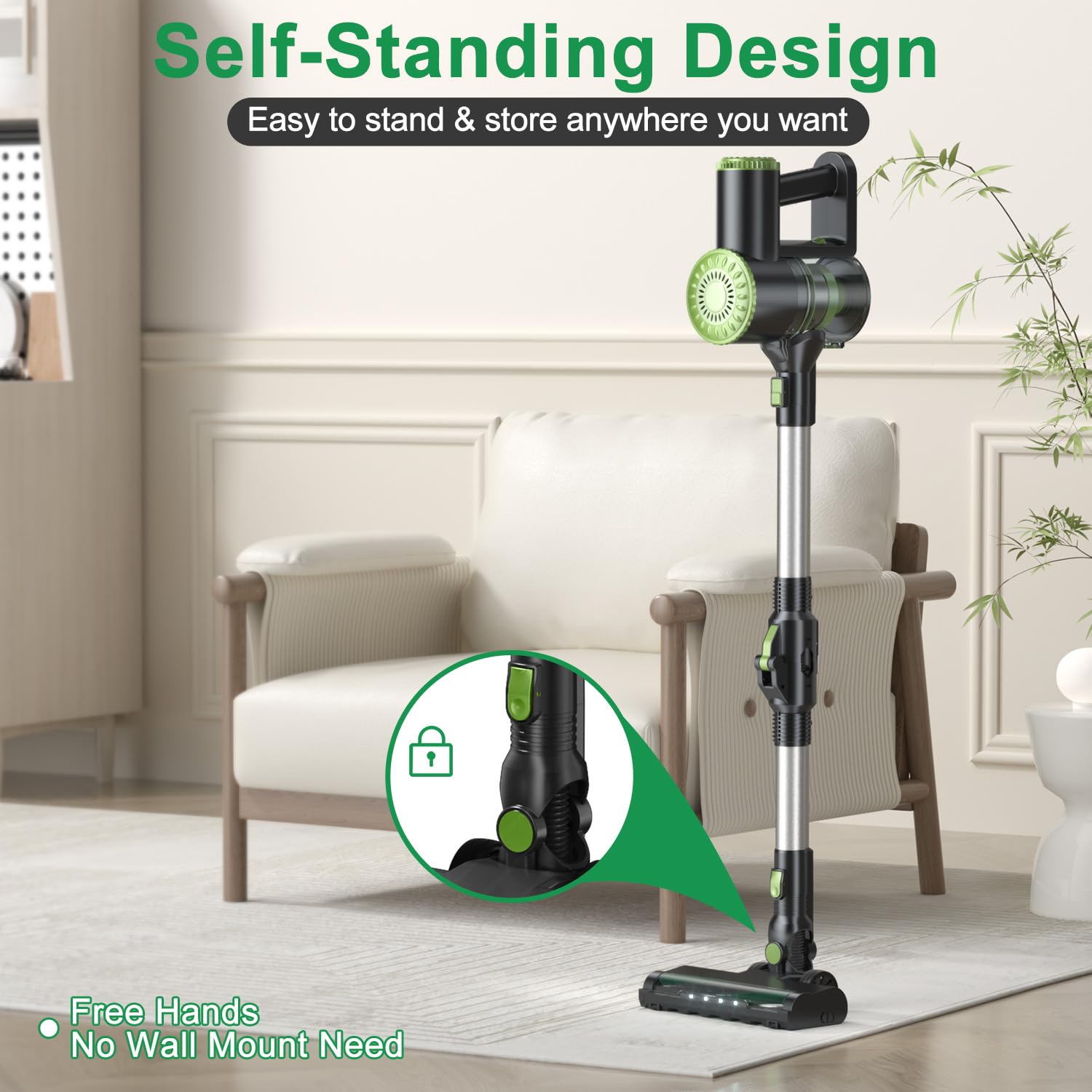 6-in-1 Cordless Stick Vacuum Cleaner with Powerful Suction - Lightweight, Self-Standing, 180° Bendable Wand for Hardwood Floors & Carpets - Rechargeable Green Vacuum for Home Cleaning & Pet Hair Removal