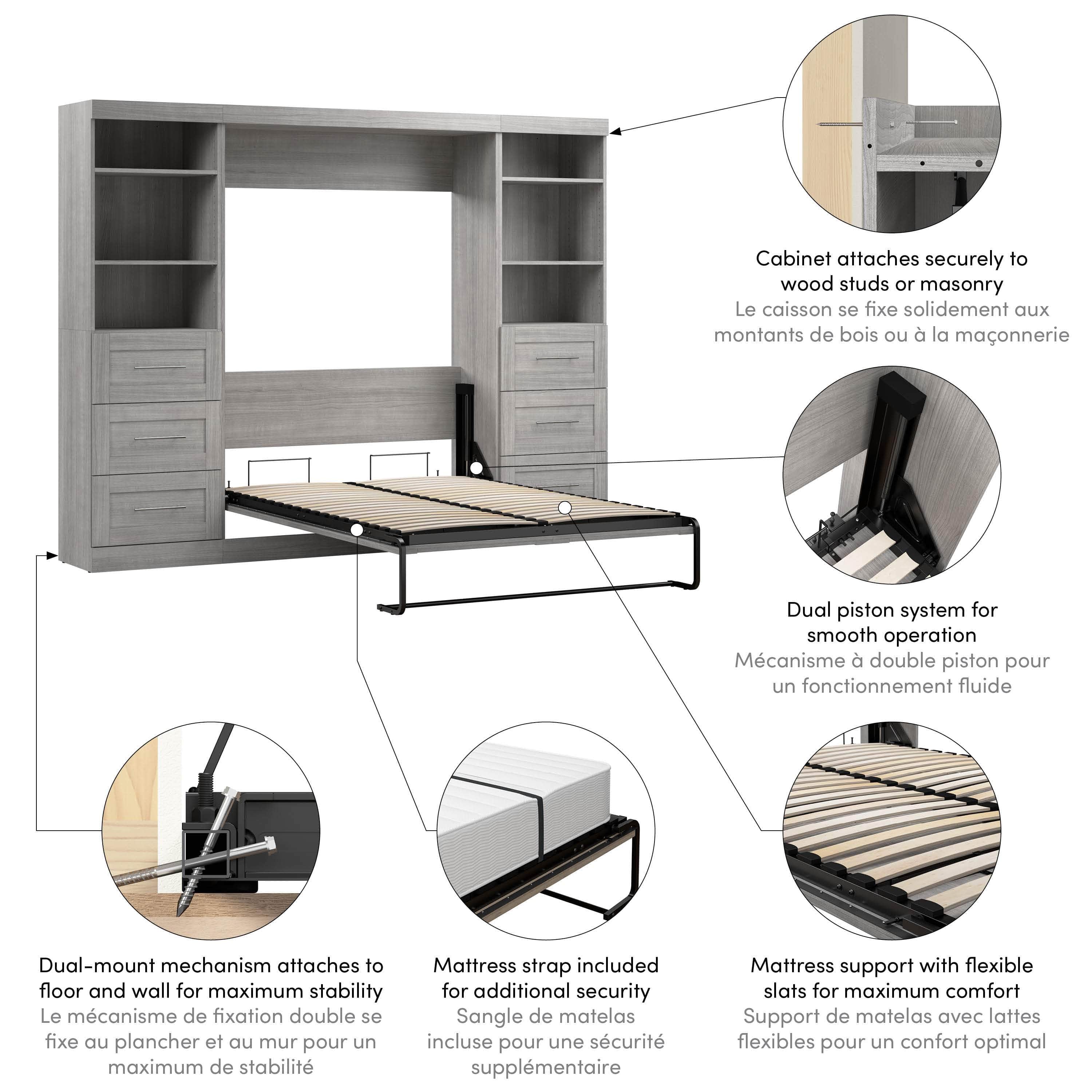 Pur Full Murphy Wall Bed with 2 Storage Units & Drawers (109W) - 7 Color Options for Space-Saving Home Office, Guest Room & Small Apartments