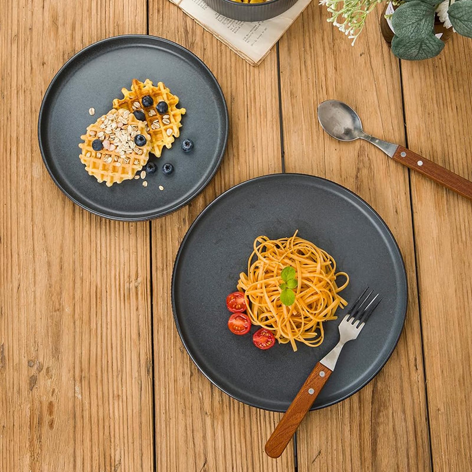 Famiware 8-Inch Star Salad Plates Set of 6 - Premium Stoneware Dinnerware for Dessert, Appetizers & Small Meals - Matte Dark Charcoal Fully Glazed Plates - Perfect for Dinner Parties, Holiday Gatherings & Restaurant Use