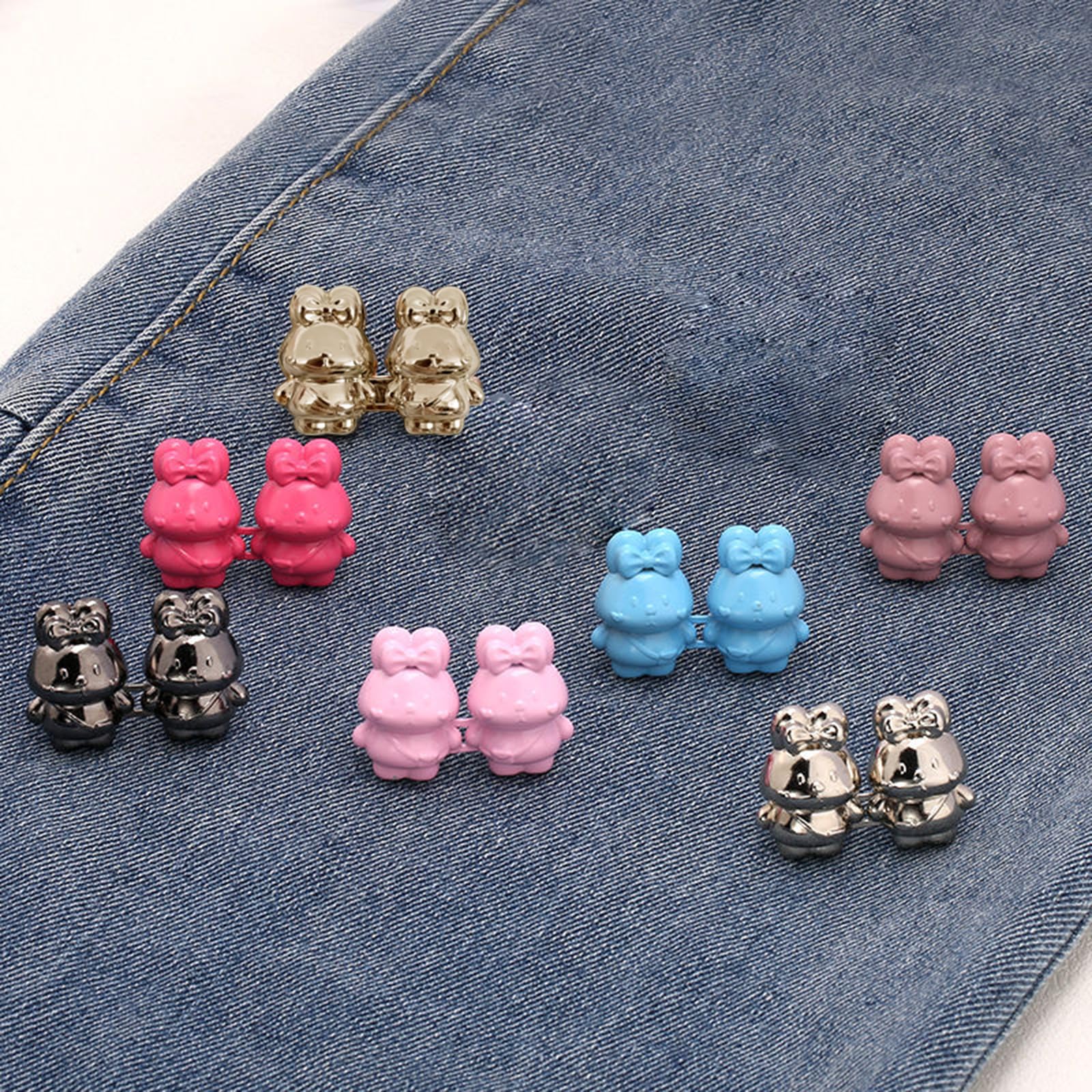 4 Pack Cute Rabbit Denim Button Pins - No Sew Adjustable Jean Buttons for Pants, Skirts & Clothes (Gold & Silver) | Fashion Accessories for DIY Clothing Repair & Outfit Customization
