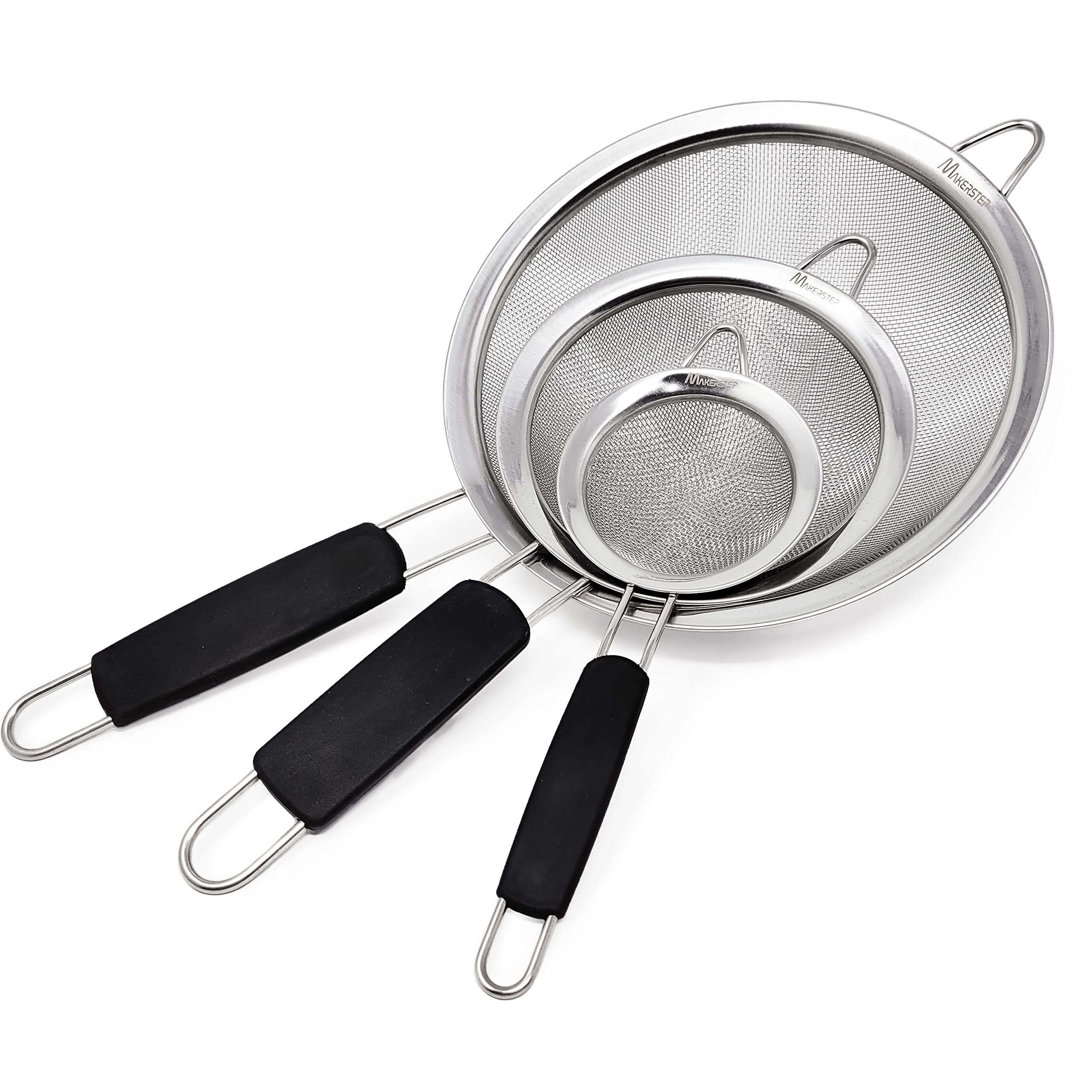 Makerstep 3-Piece Fine Mesh Strainer Set - Stainless Steel Kitchen Sieves (3.38