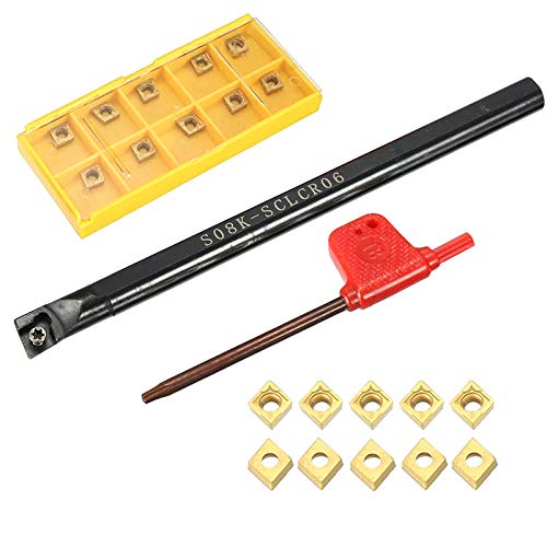 S08K-SCLCR06 Boring Bar Tool Holder with 10pcs CCMT060204-HM Carbide Inserts & Wrench - Lathe Turning Tool for Metalworking, CNC Machining, and DIY Projects