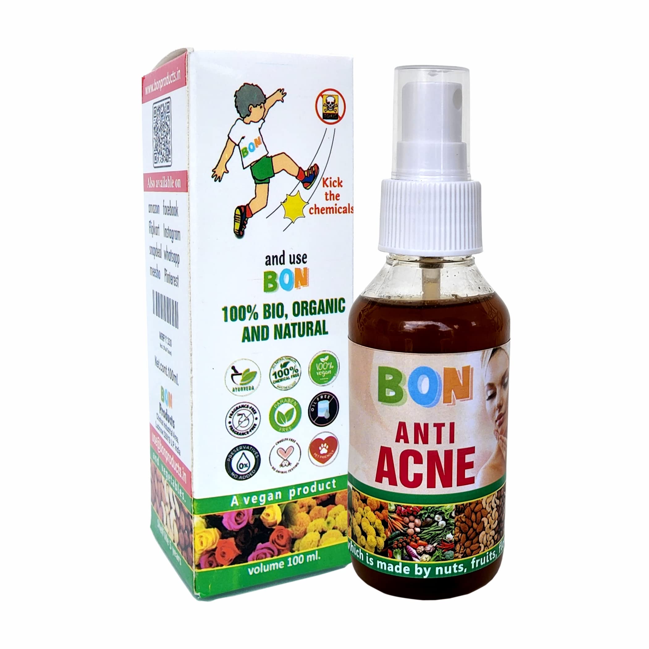 100% BON Bio Organic Natural Anti Acne Treatment - Chemical Free & Fragrance Free for Acne, Blackheads & Whiteheads | Vegan, Safe & Side Effect Free | Perfect for Daily Skincare & Sensitive Skin Care Routine