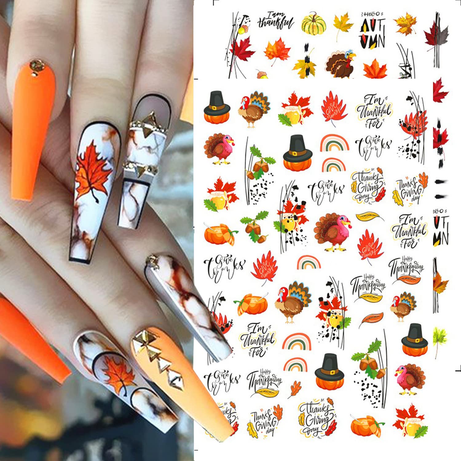 Fall Nail Art Stickers - 10 Sheets Maple Leaf & Pumpkin 3D Self-Adhesive Nail Decals for Autumn & Thanksgiving - DIY Manicure Decorations for Women | Perfect for Halloween, Thanksgiving Parties & Seasonal Nail Art