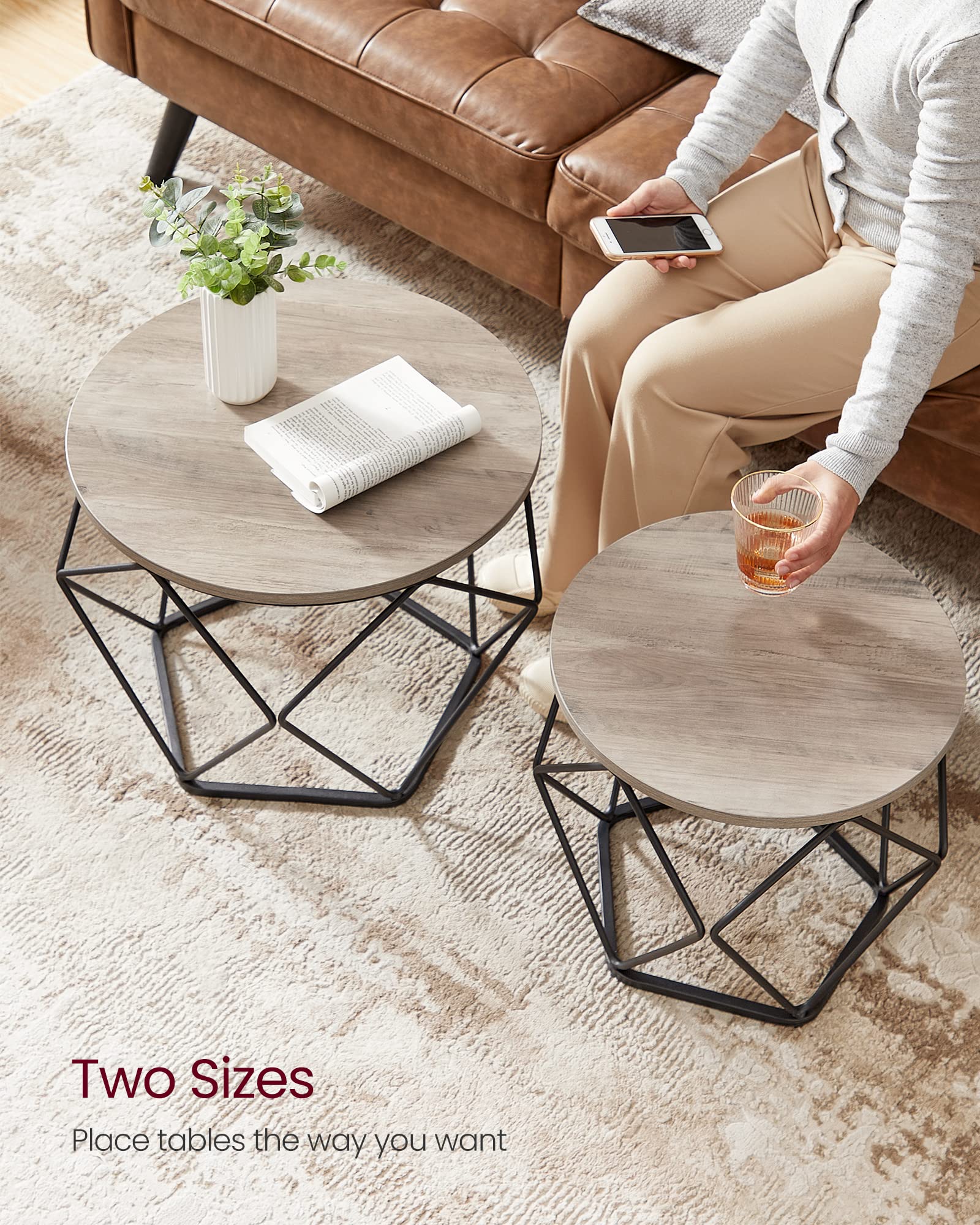 VASAGLE 2-Piece Round Coffee Table Set with Sturdy Steel Frame - Modern Side End Table for Living Room, Bedroom & Office - Greige & Ink Black - Perfect for Small Spaces, Home Decor & Coffee Time