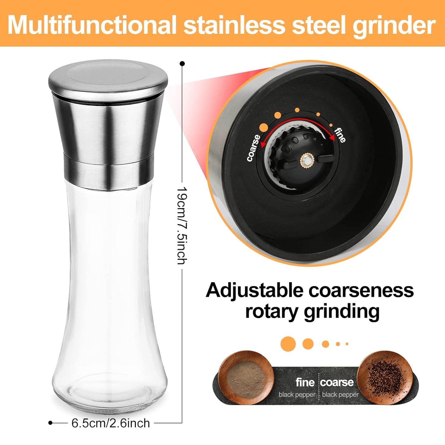 Premium Adjustable Manual Salt and Pepper Grinder - Refillable Stainless Steel Spice Mill for Black Pepper, Sea Salt, Nutmeg & Herbs - Kitchen Gadget for Cooking, Baking & Tabletop Seasoning (Silver, Pack of 1)