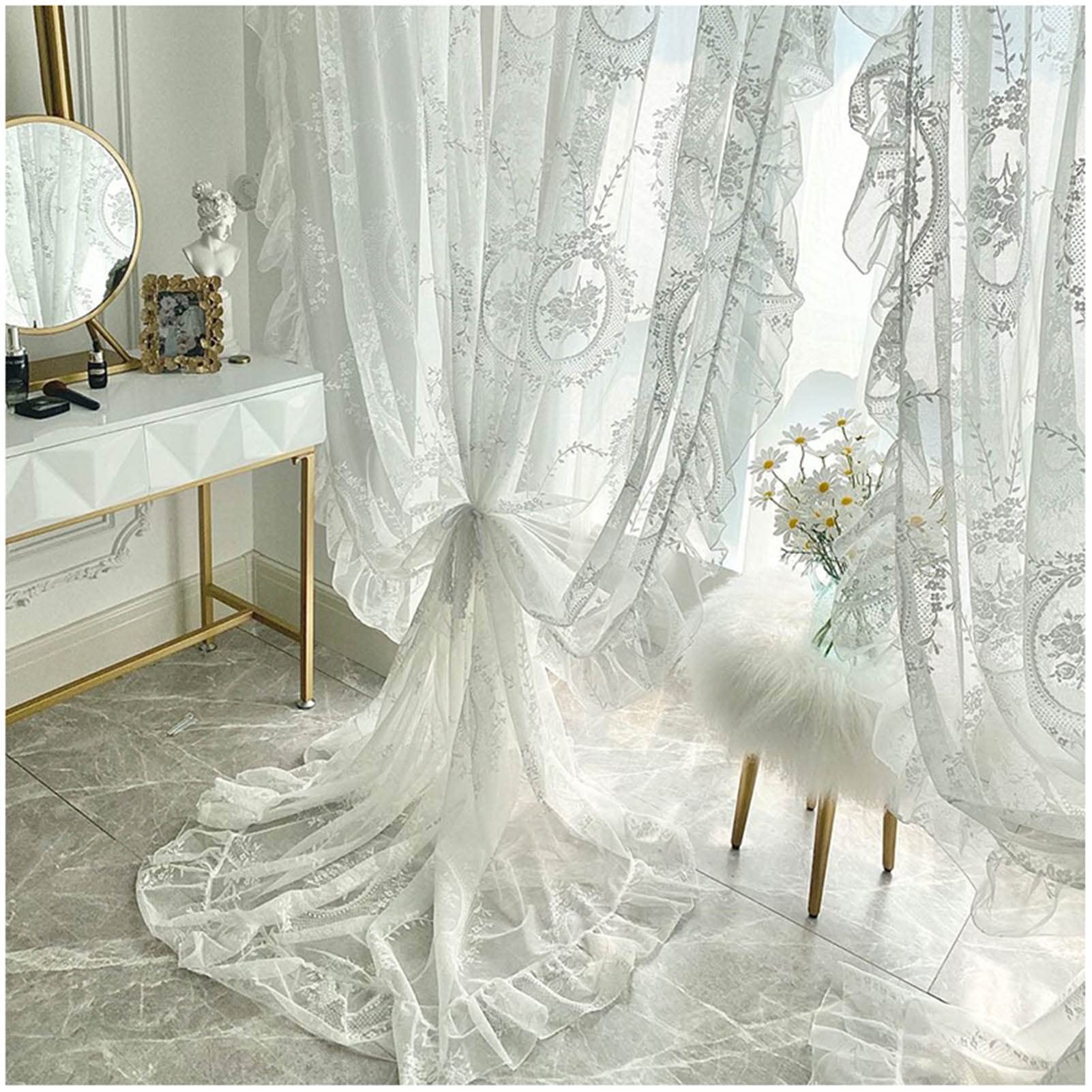 French Romance Lace Curtains with Ruffles - Modern Rococo Floral Pattern Mesh Tulle Drapery Panel with Rod Pocket - White Window Treatment (118x102 inches) - Perfect for Living Room, Bedroom & Wedding Decor