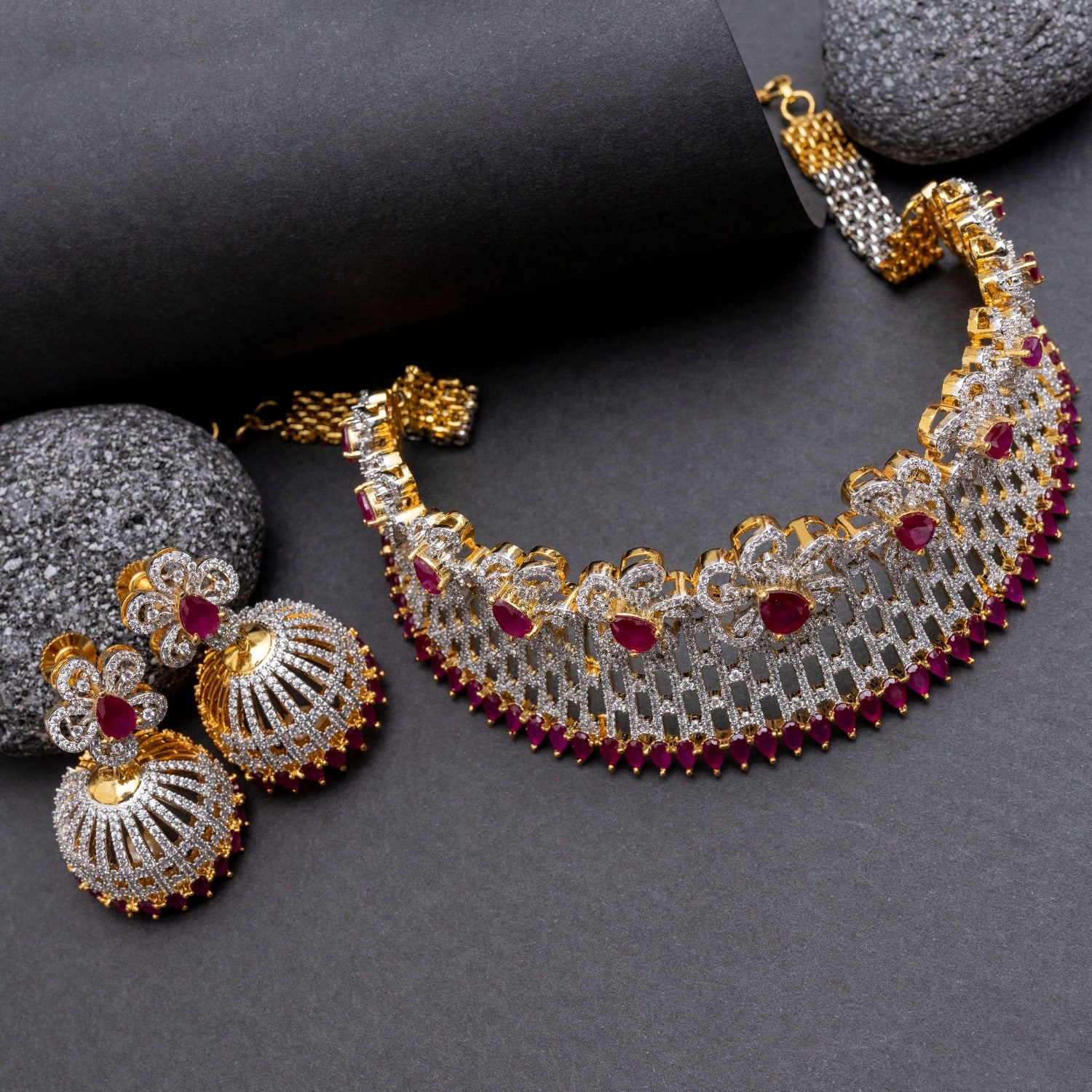 Elegant Lilac Floral Red Nakshatra CZ Choker Necklace Set | Cubic Zirconia Bridal Jewelry for Women | Perfect for Weddings, Parties & Special Occasions