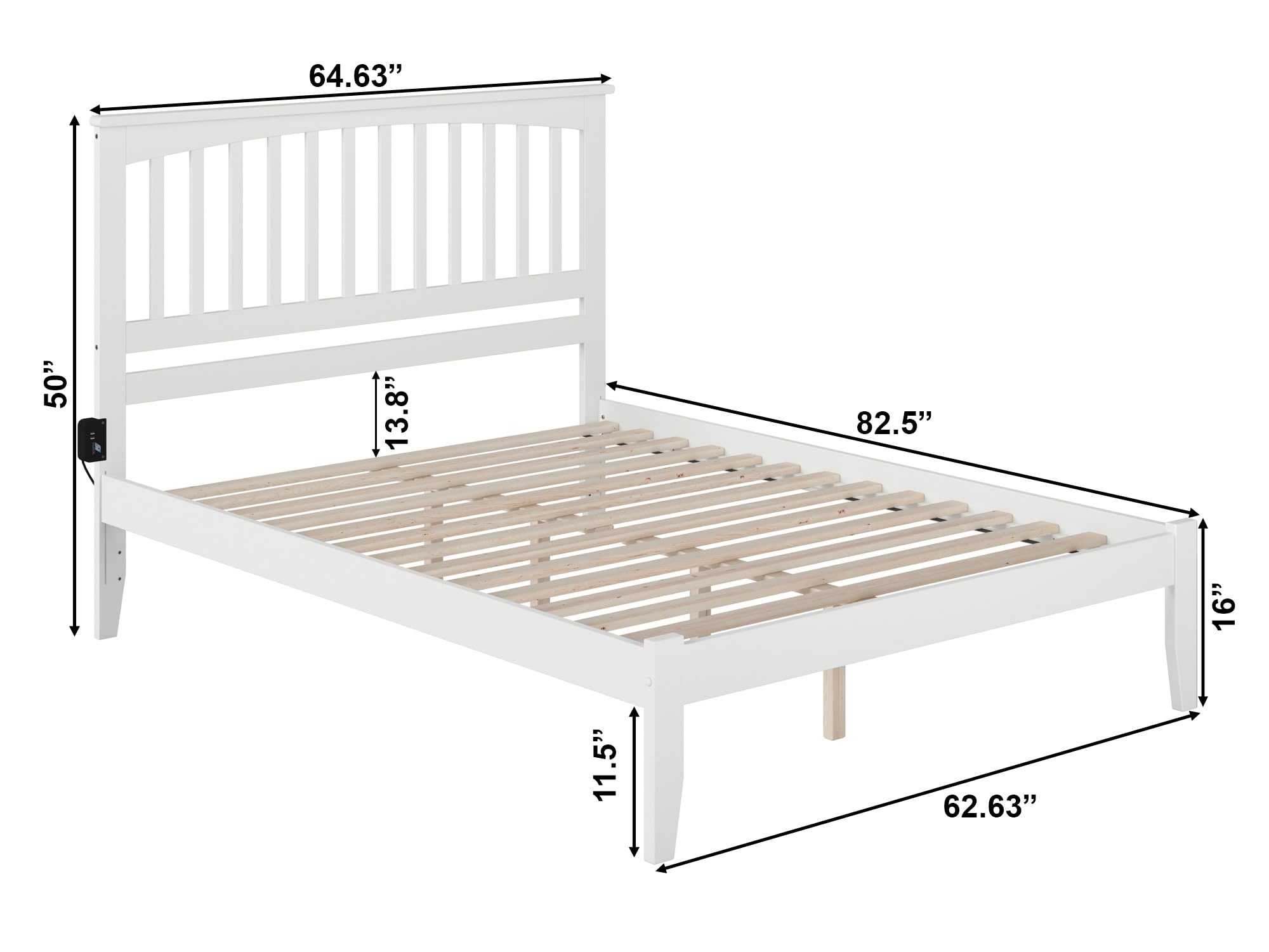 AFI Mission Queen Platform Bed with USB Charger - Modern White Wooden Bed Frame with Storage & Attachable USB Ports - Perfect for Small Spaces, Apartments & Bedrooms