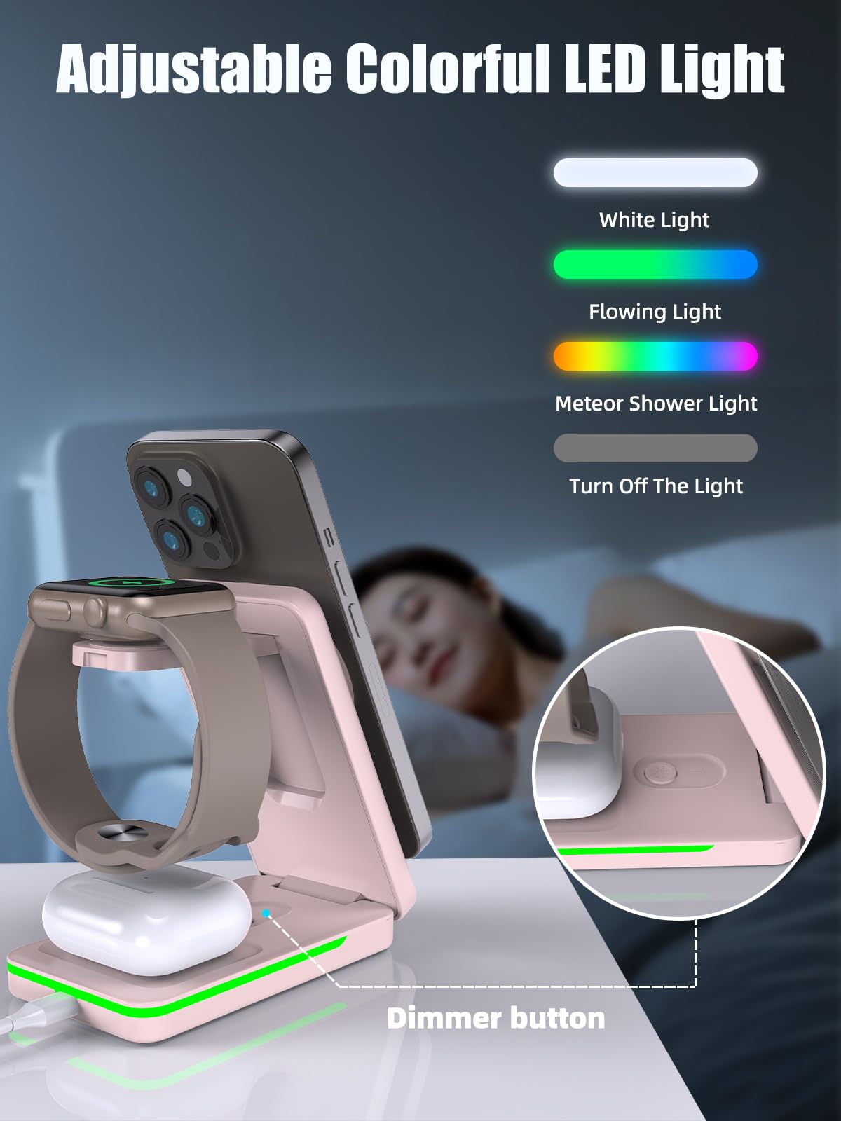 3-in-1 Foldable MagSafe Wireless Charging Station for iPhone 16 Pro Max/15/14/13/12, Apple Watch & AirPods - Pink | Nightstand Charger Stand for Bedroom, Office & Travel