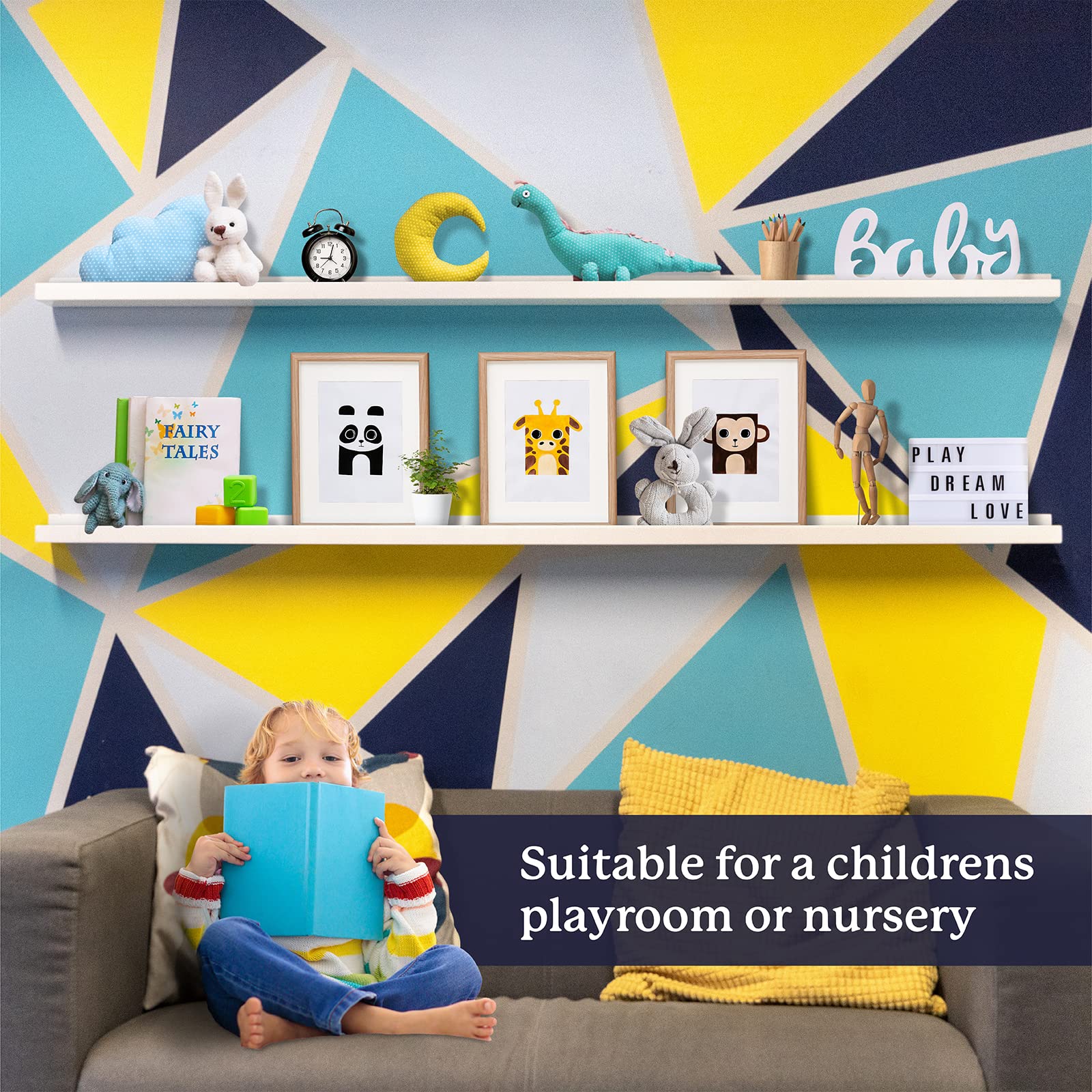 White 60 Inch Floating Picture Ledge Shelf (2 Pack) - Narrow Wooden Wall Shelf with Lip for Photos, Toys, Action Figures, Makeup & Jewelry Display - Perfect for Nursery, Bedroom & Home Decor