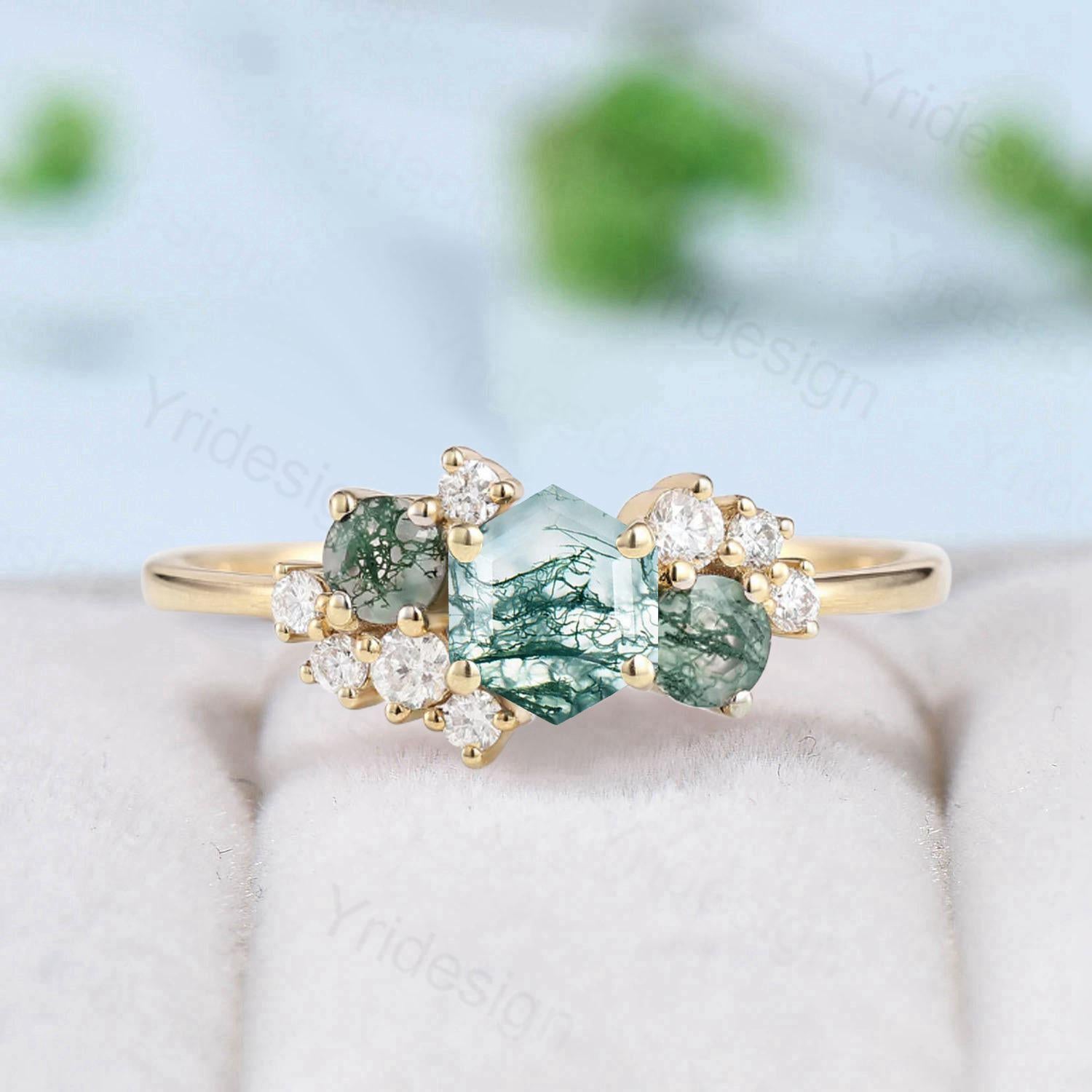 Hexagon Cut Green Moss Agate Engagement Ring - 14K/18K Rose Gold or Silver Moissanite Wedding Band, Unique Bridal Jewelry for Women, Anniversary Gift Idea | Perfect for Proposals, Weddings & Romantic Occasions