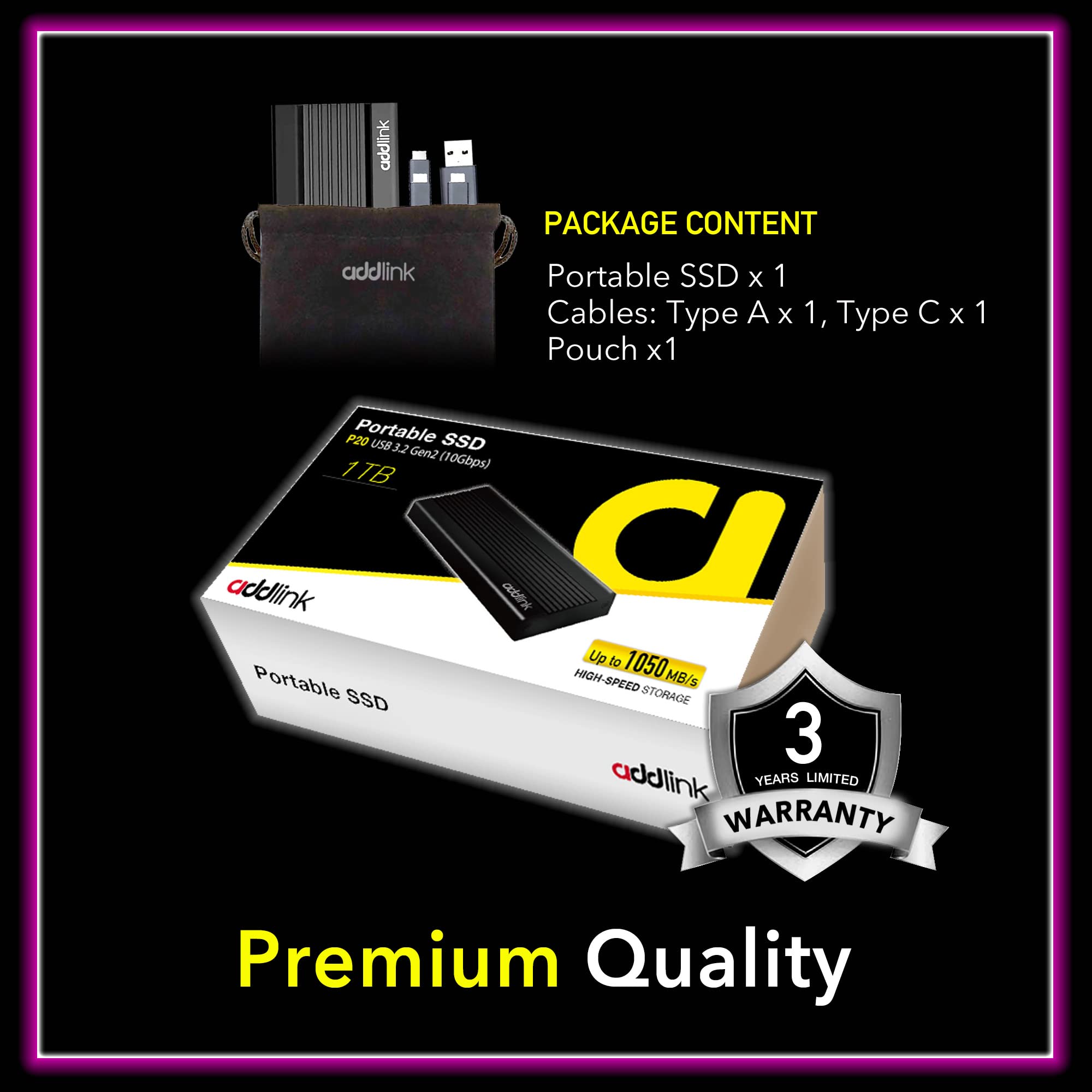 Addlink P20 1TB External SSD Portable Solid State Drive - USB 3.2 Gen2 (1050MB/s), USB-C, 3D TLC - Compatible with PC, Mac, Linux, Android, PS4/PS5, Xbox One, Smart TV - High-Speed Storage for Gaming, Video Editing & Data Backup (Made in Taiwan)