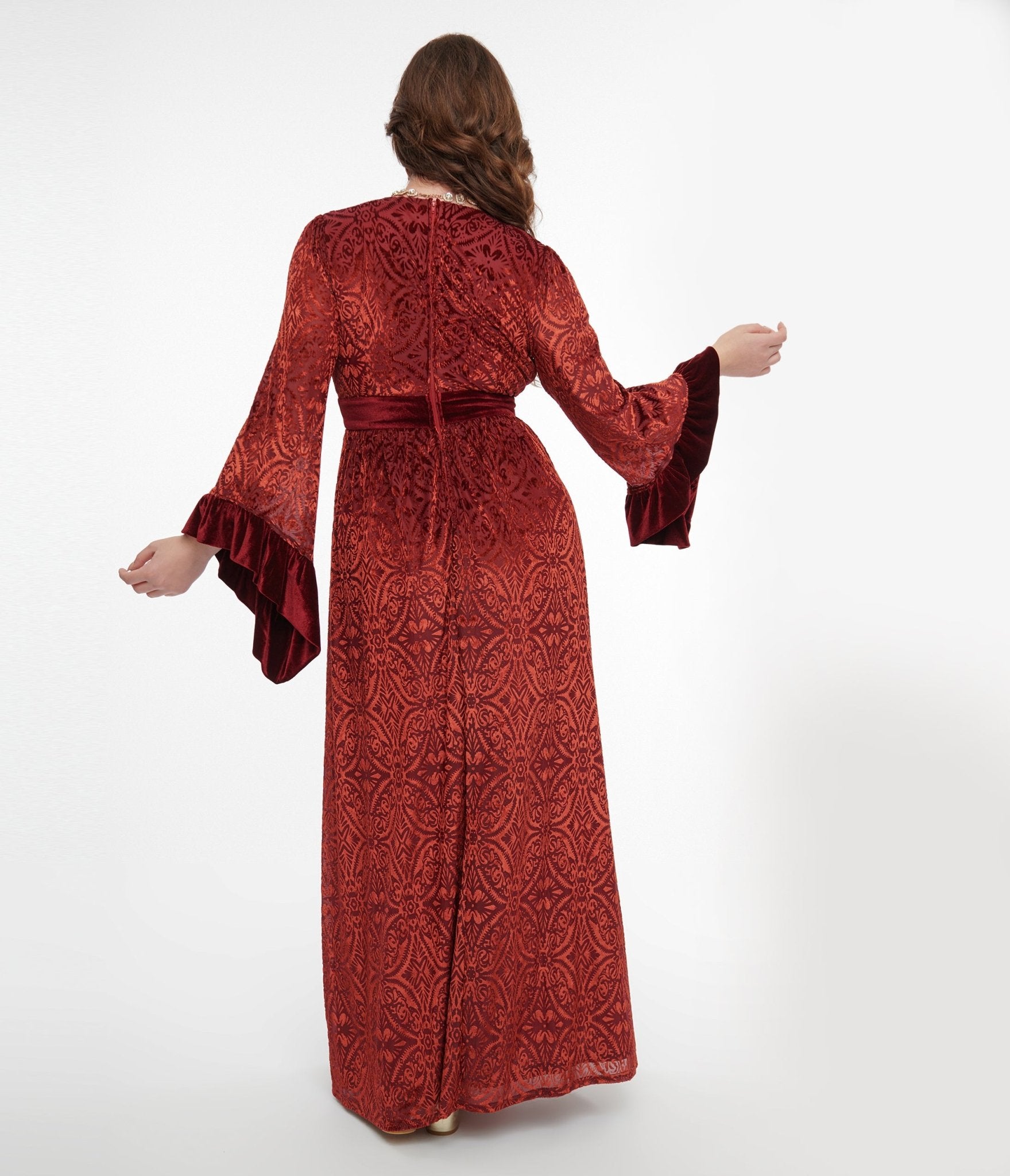Vintage 1970s Burgundy Velvet Burnout Maxi Dress for Women - Retro Long Sleeve Bohemian Party Gown - Perfect for Halloween, Costume Parties & Special Occasions