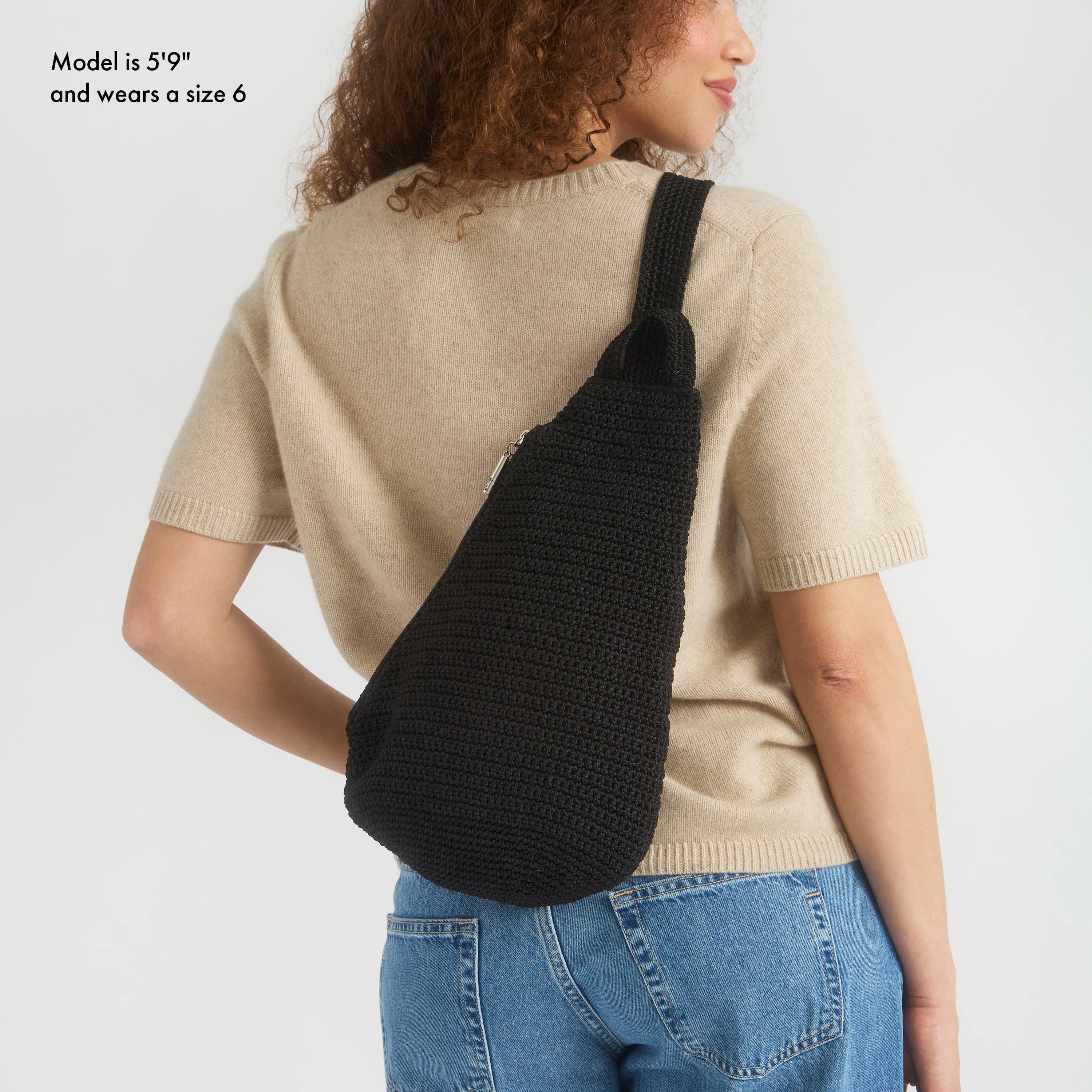 Handmade Geo Sling Backpack - Black Crochet Crossbody Bag for Women | Perfect for Travel, Hiking & Everyday Use