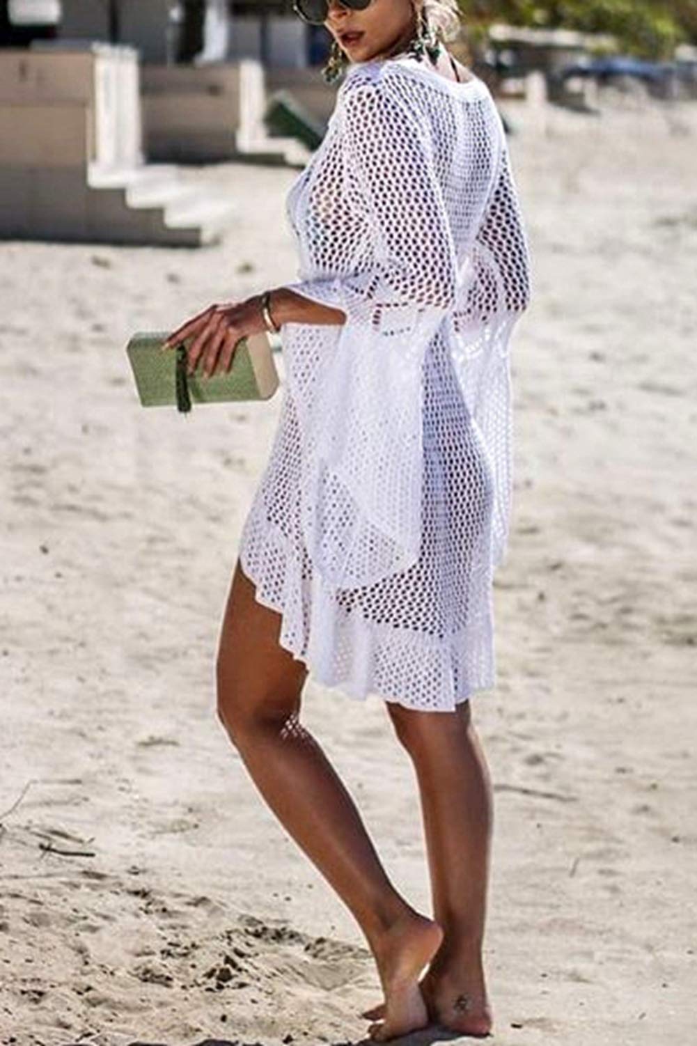 RanRui Women's Crochet Hollow Out Bell Sleeve Beach Cover Up - Lightweight Swimsuit Cover Up Tunic Dress for Pool, Beach & Vacation Wear
