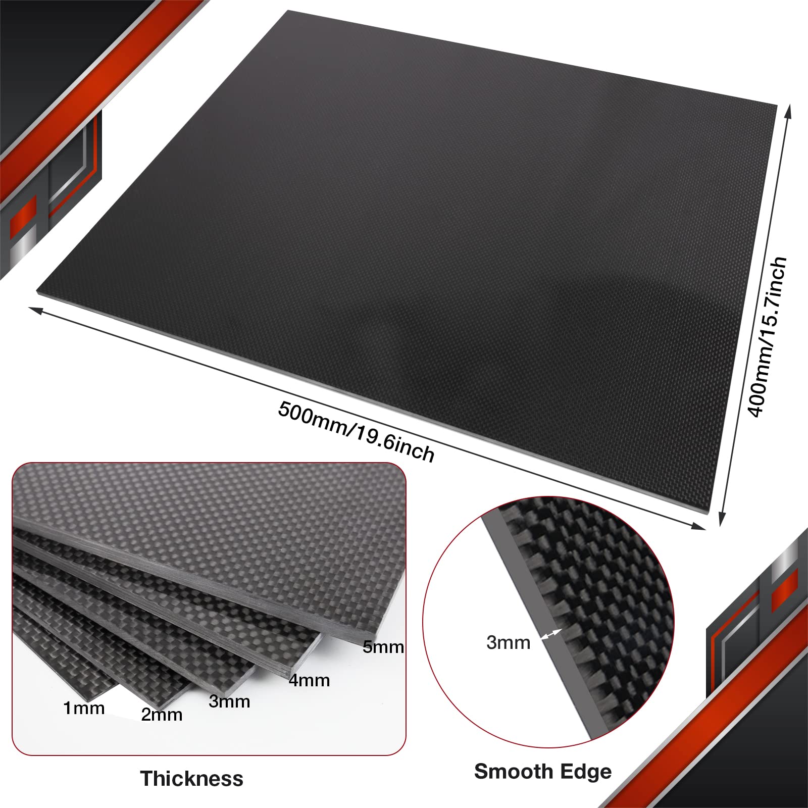 Premium 3K Carbon Fiber Sheet 400x500x3.0mm - 100% Pure Carbon Fiber Laminate Plate with Glossy Surface & Plain Weave Pattern - Ideal for Automotive, Aerospace, DIY Projects & Industrial Applications