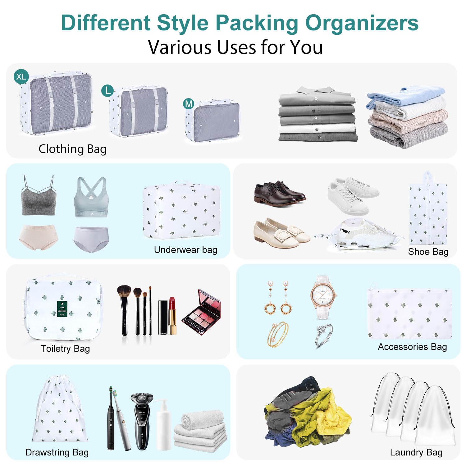 12-Piece Packing Cubes Set for Suitcases - Travel Organizer Bags with Multiple Sizes for Luggage & Carry-On | BESBESME Travel Essentials for Clothes, Shoes & Toiletries (Cactus White) | Perfect for Business Trips, Vacations & Weekend Getaways