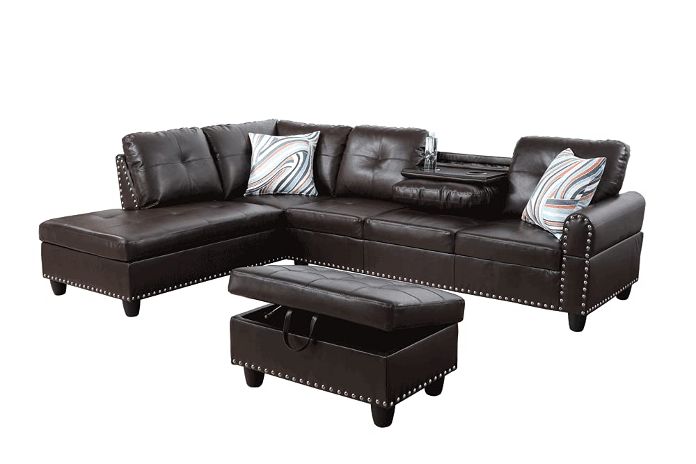 Modern Left-Facing Sectional Sofa with Ottoman & Cup Holders - Brown Faux Leather for Living Room | Perfect for Small Spaces, Family Gatherings & Movie Nights