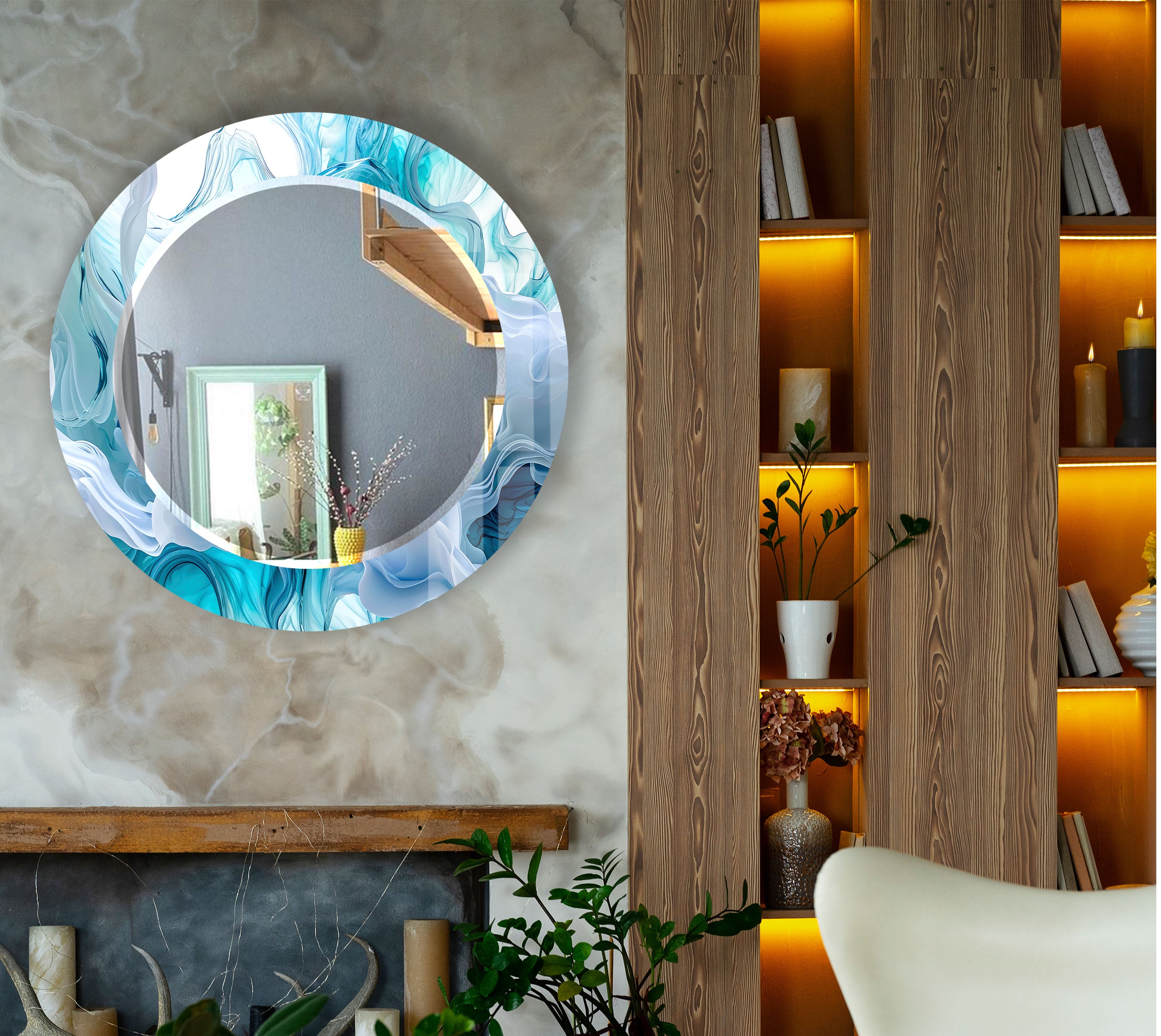 Aqua Blue Swirl Round Wall Mirror - Ocean Inspired Glass Frame for Coastal Home Decor | Bathroom, Bedroom & Living Room Wall Art | Nautical Themed Decor