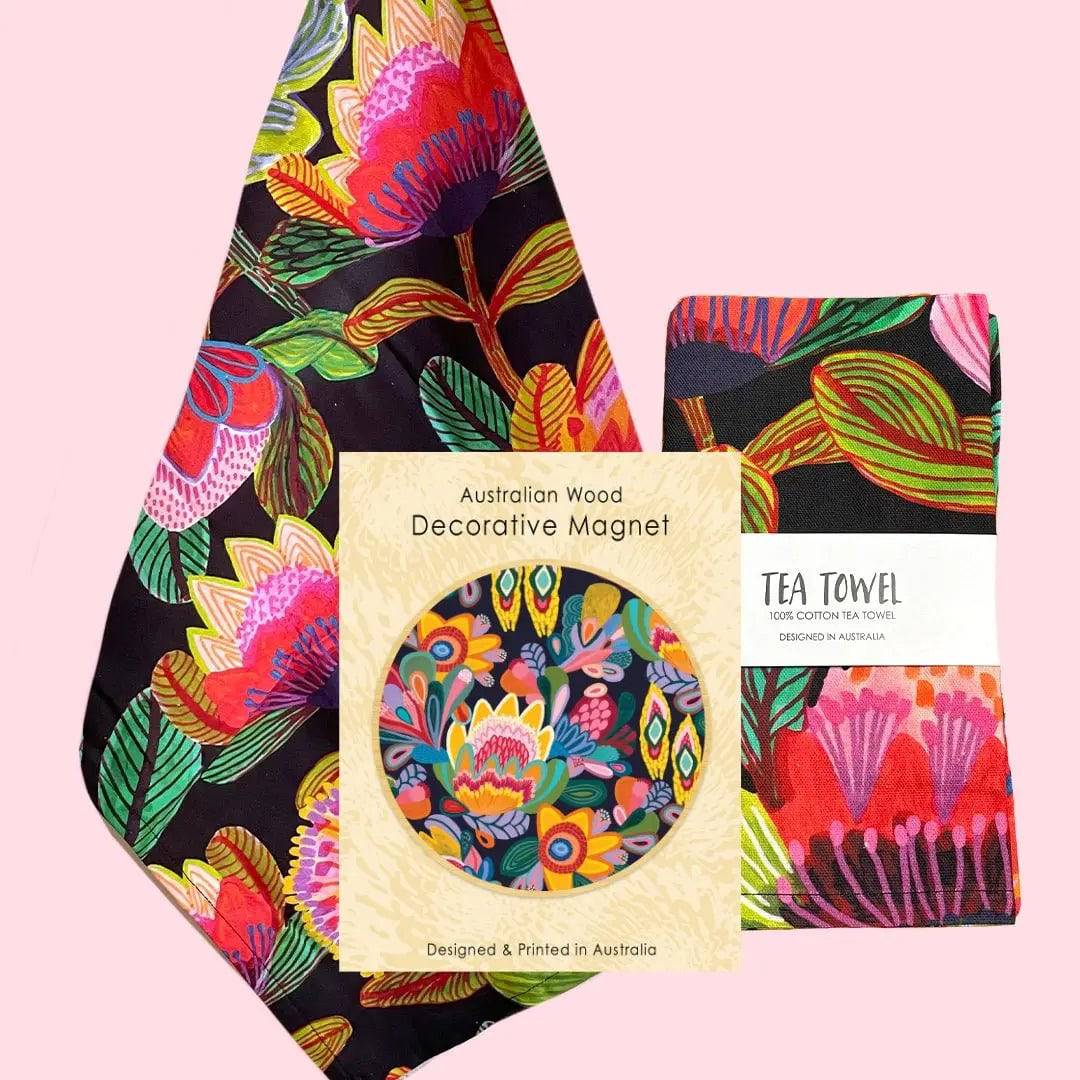 Folk Flowers Tea Towel & Wooden Fridge Magnet Gift Set - Handmade Kitchen Decor, Housewarming Gift for Home, Perfect for Farmhouse Style Kitchens and Rustic Home Decor