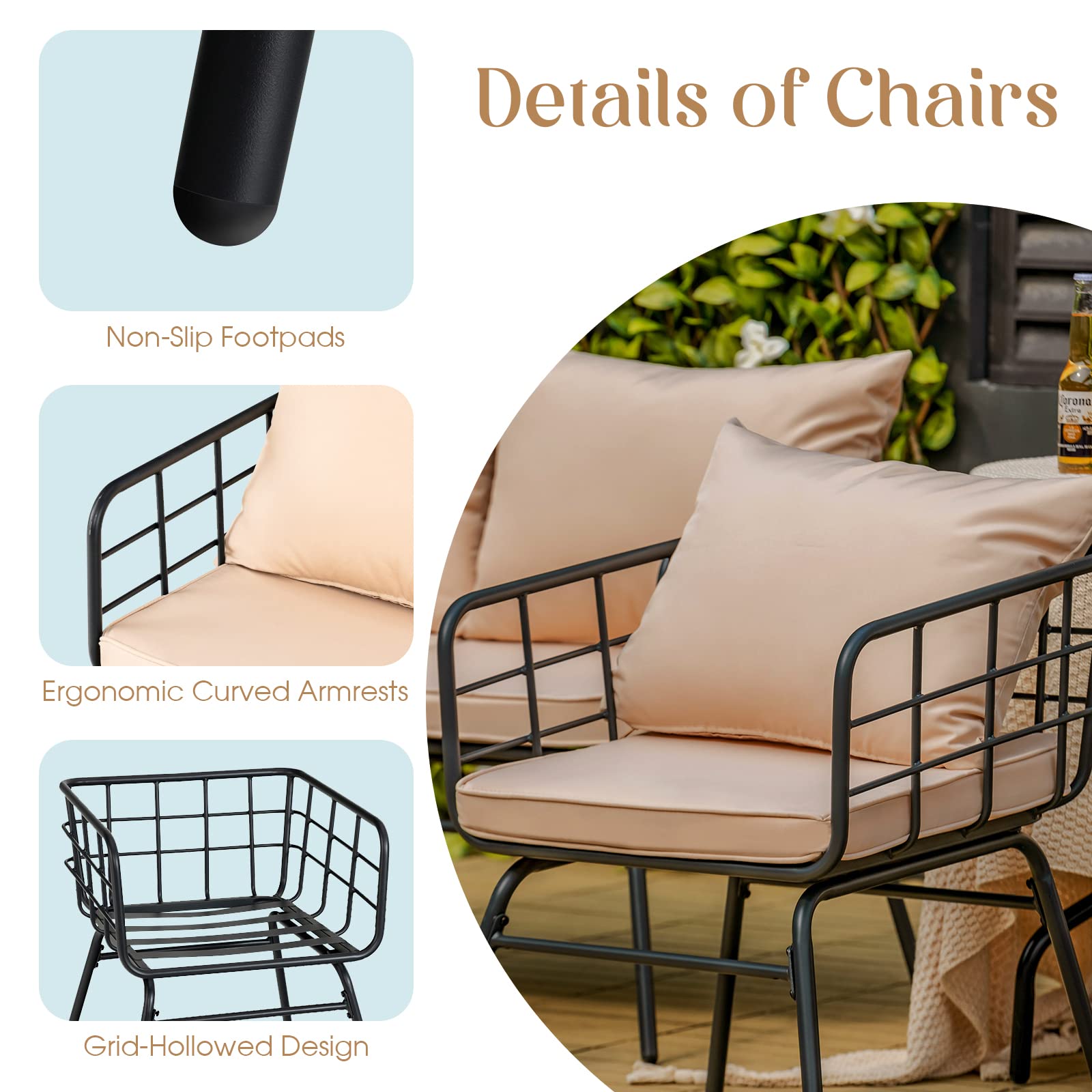 Giantex 4-Piece Outdoor Patio Furniture Set - Steel Frame Loveseat Bench, Coffee Table & 2 Bistro Chairs with Cushions for Garden, Yard, Balcony, Poolside (Beige & Black) | Perfect for Relaxing, Entertaining & Outdoor Dining