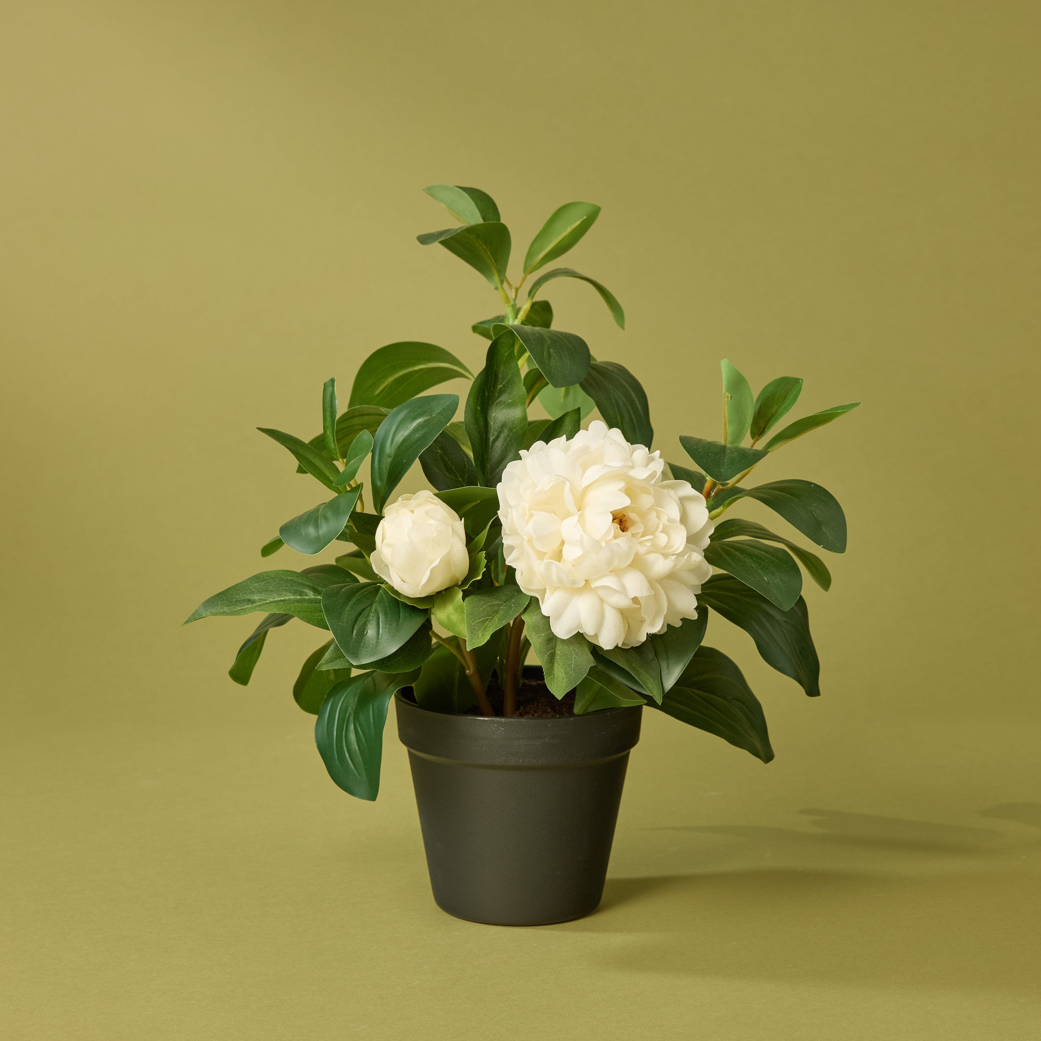 Artificial Peony Silk Flower with Lush Leaves in White - 15 Inch Decorative Garden Pot for Home, Wedding, and Office Decor