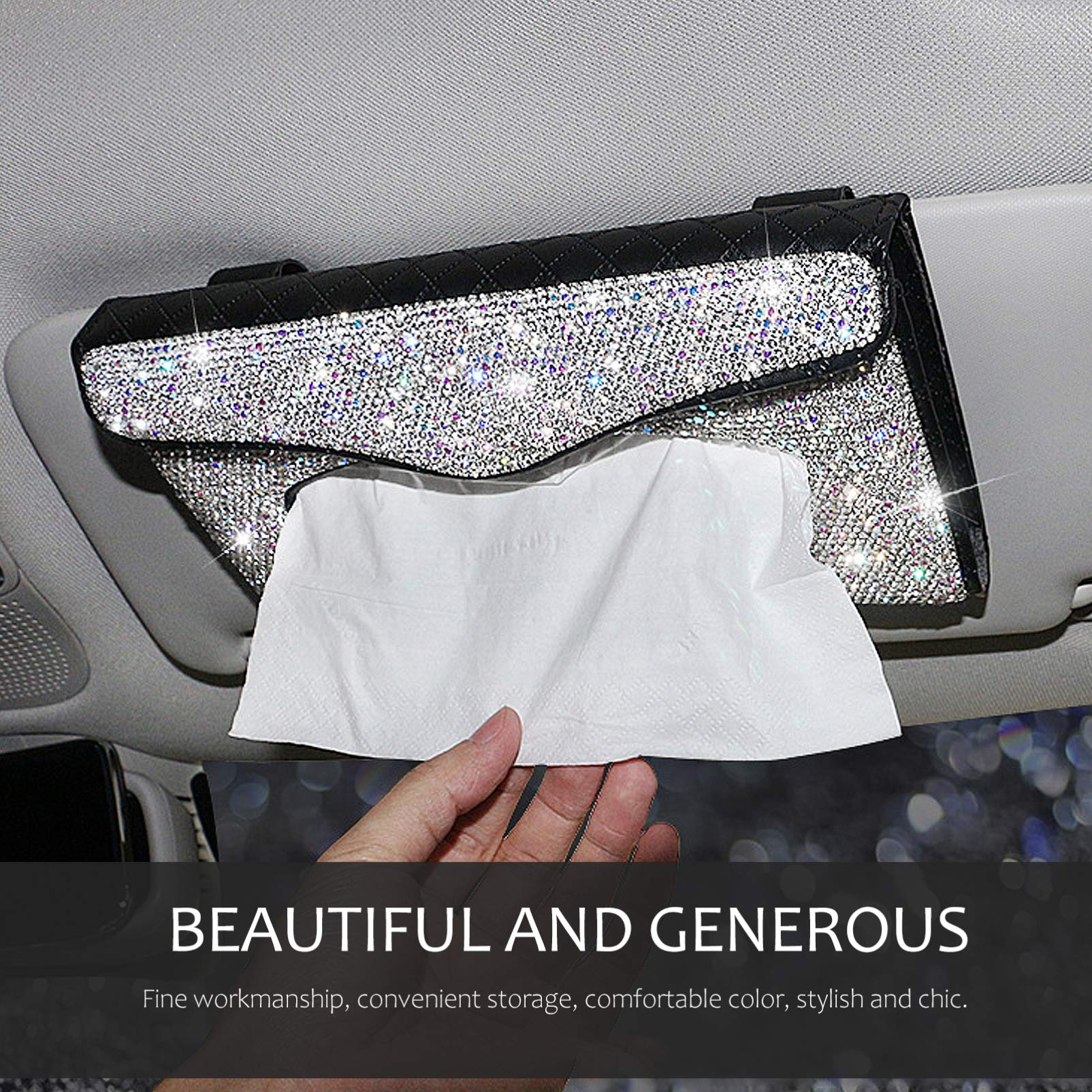 FAVOMOTO Rhinestone Leather Car Visor Tissue Holder - Sun Visor Napkin Box Organizer for Vehicle Backseat | Perfect for Road Trips, Commuting & Family Travel Accessories