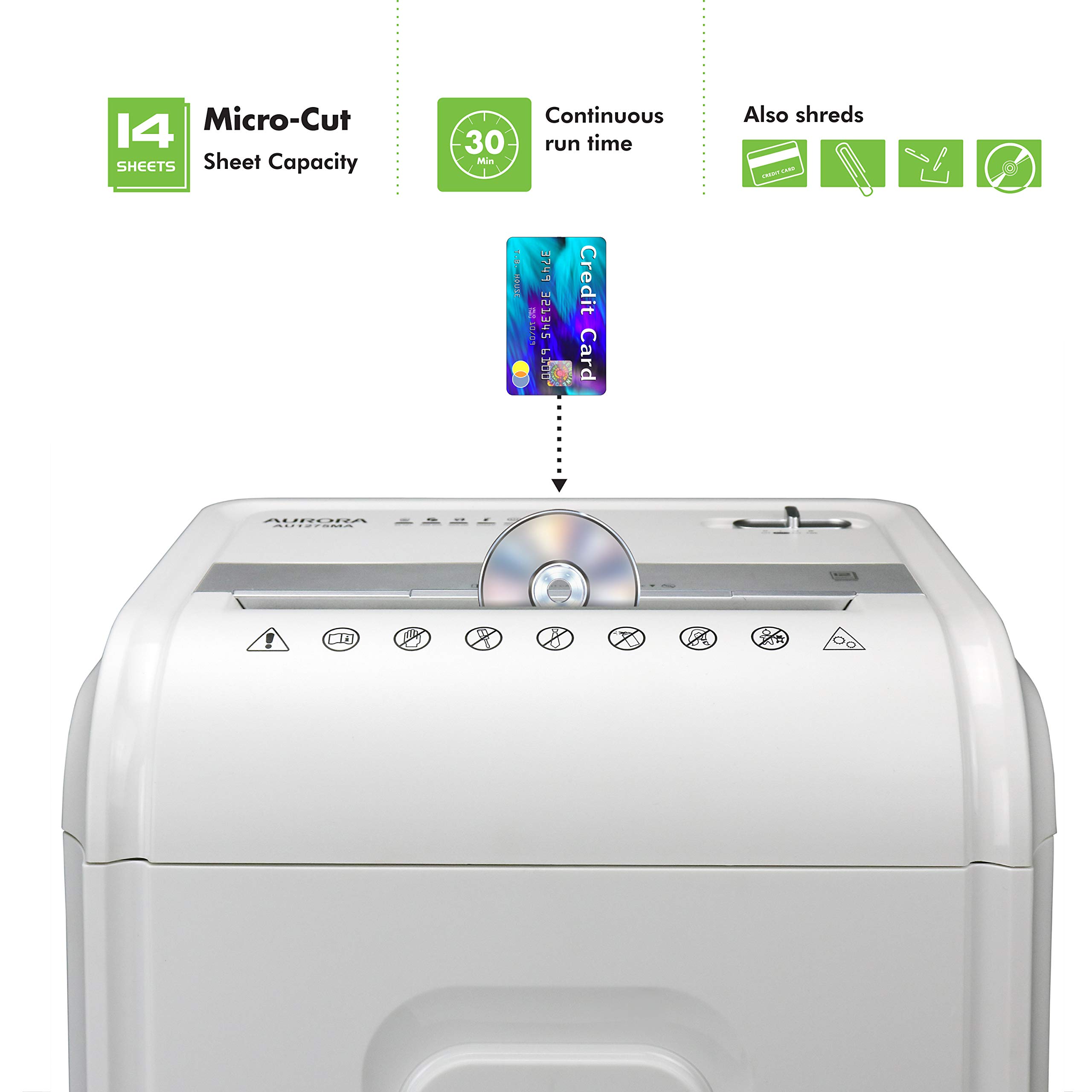 Aurora AU1480MA 14-Sheet Micro-Cut Paper Shredder with CD & Credit Card Slot - 30 Min Continuous Run, White/Gray - Perfect for Home Office & Small Business Document Security