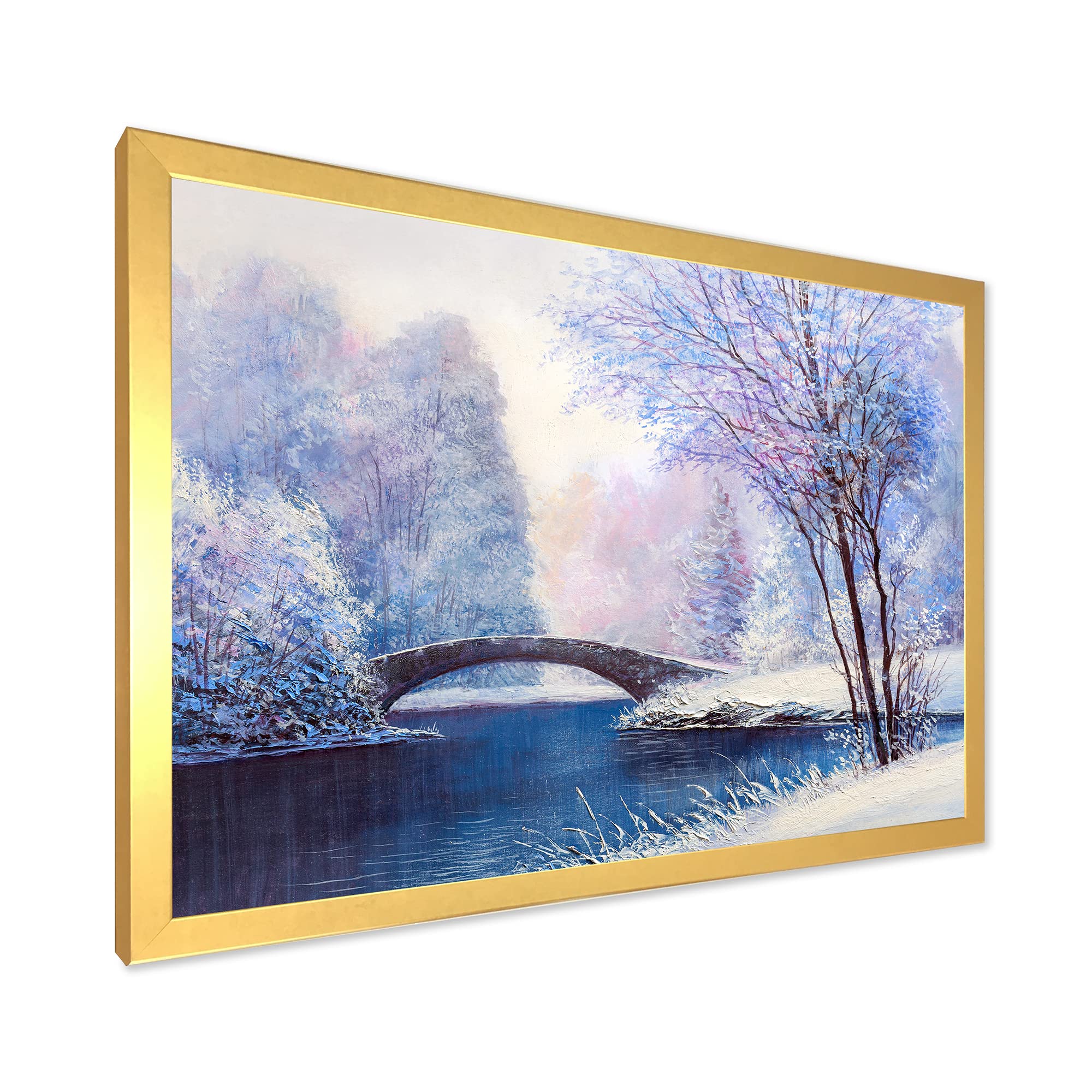 DesignQ Winter Scenery With Bridge Of Meandering River III Lake House Framed Wall Art - Landscape Canvas Painting for Living Room, Bedroom & Office Decor