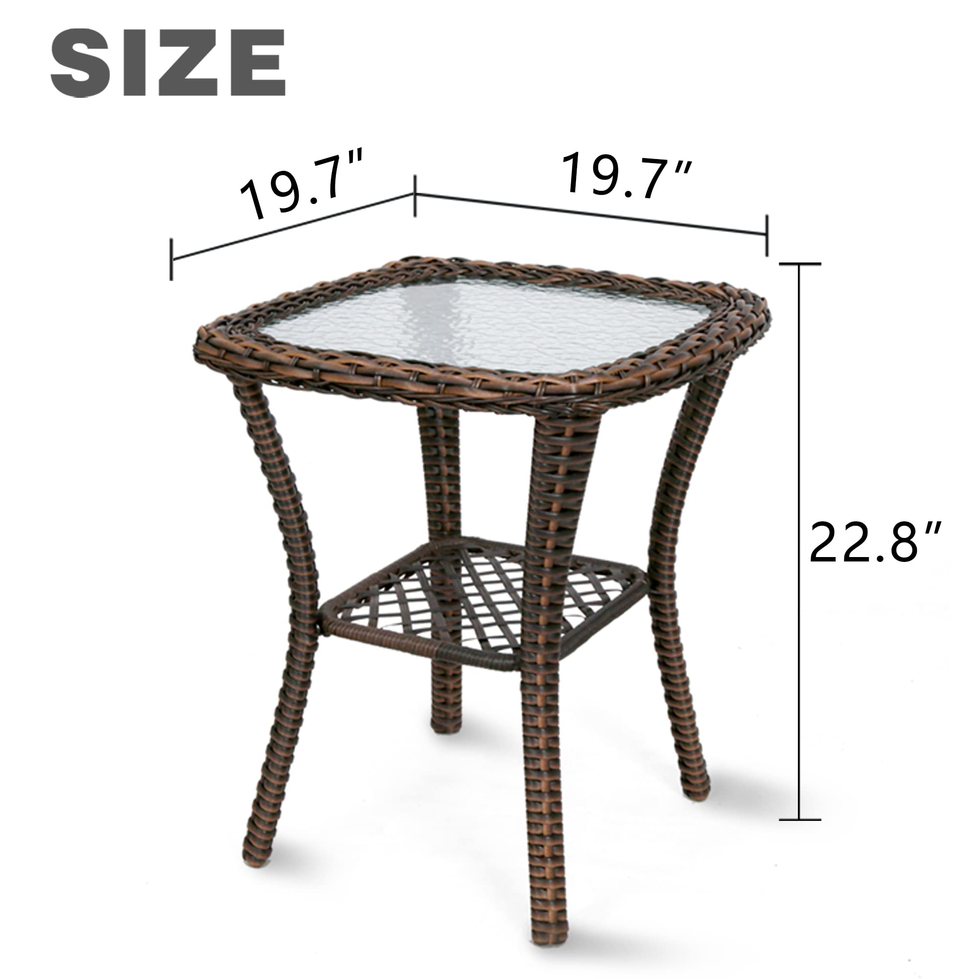 Brown Outdoor Wicker Coffee Table with Tempered Glass Top & Storage Shelf - Steel Frame Rattan Side Table for Patio, Backyard, Lawn, Balcony & Pool Area - Perfect for Lounging, Entertaining & Relaxing Outdoors