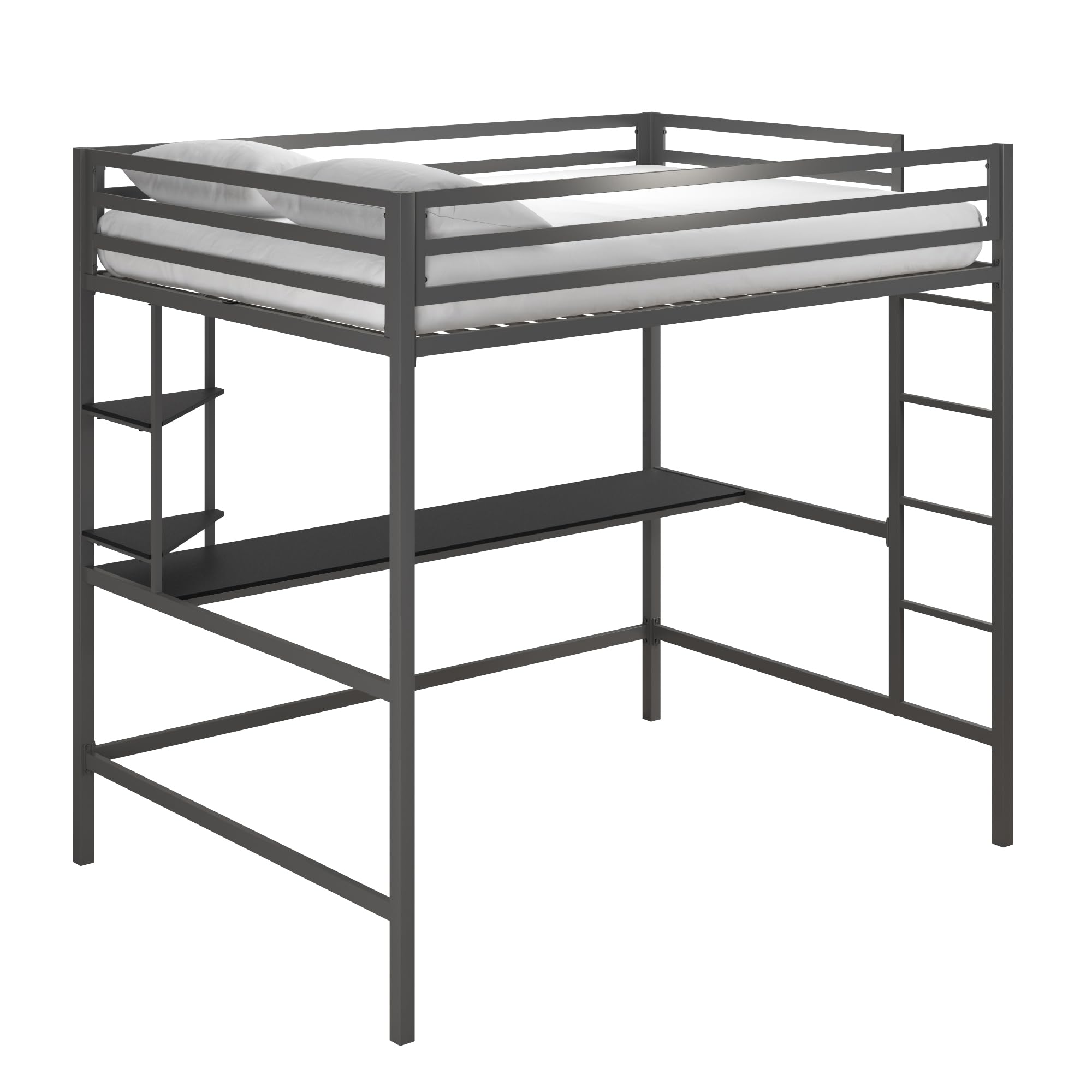 Novogratz Maxwell Metal Full Loft Bed with Built-in Desk & Shelves - Space Saving Gray/Black Bed Frame for Small Rooms, Dorms & Apartments