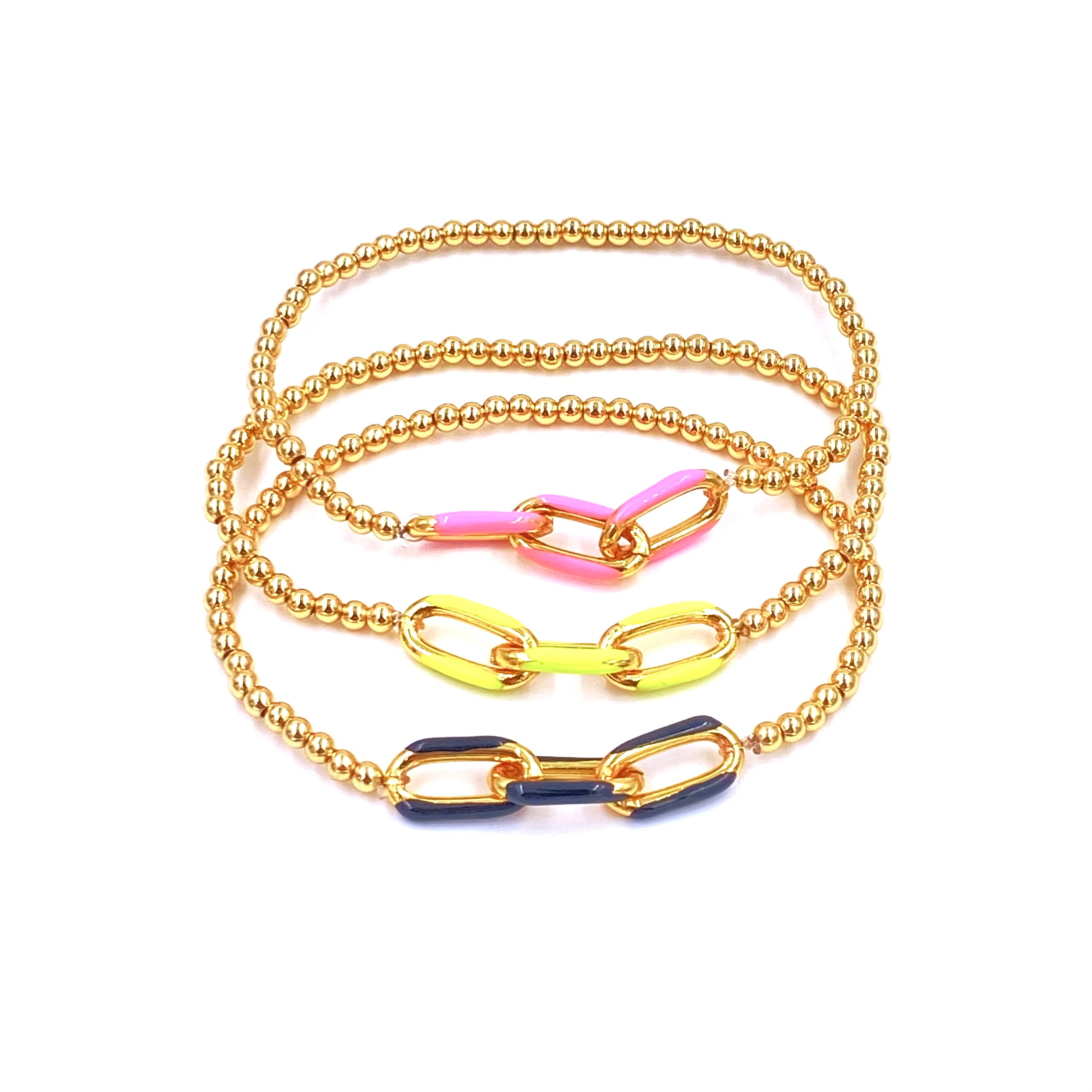 Ashley Gold Stainless Steel 3mm Gold Plated Beaded Stretch Bracelet with Enamel Link Chain - Perfect for Women's Fashion, Gift Giving & Everyday Wear